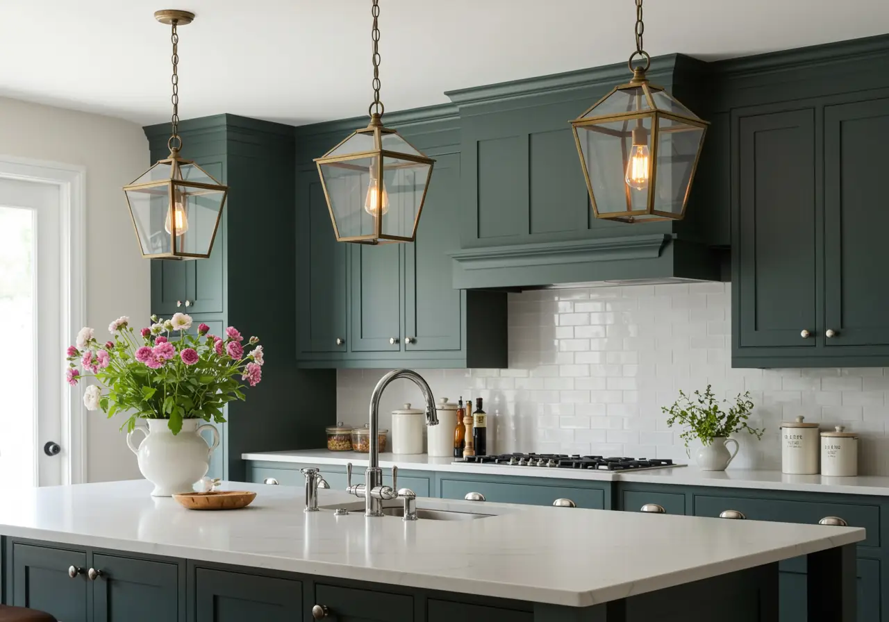 Three aged brass lantern pendants with clear glass hang above a navy blue kitchen island with polished nickel hardware.