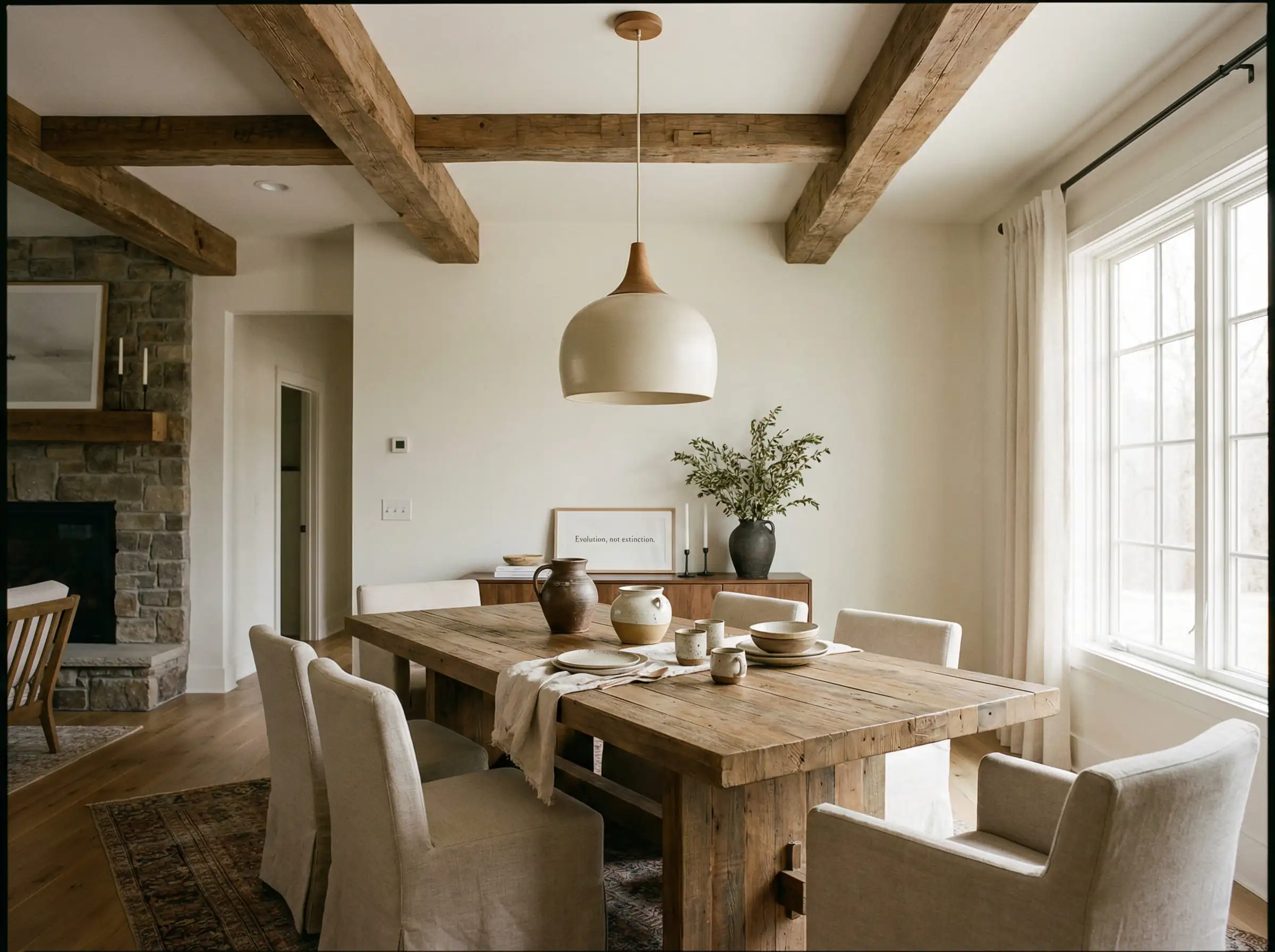 Suspension en céramique mate faite à la main dans une salle à manger rustique, remplaçant le style industriel des fermes.