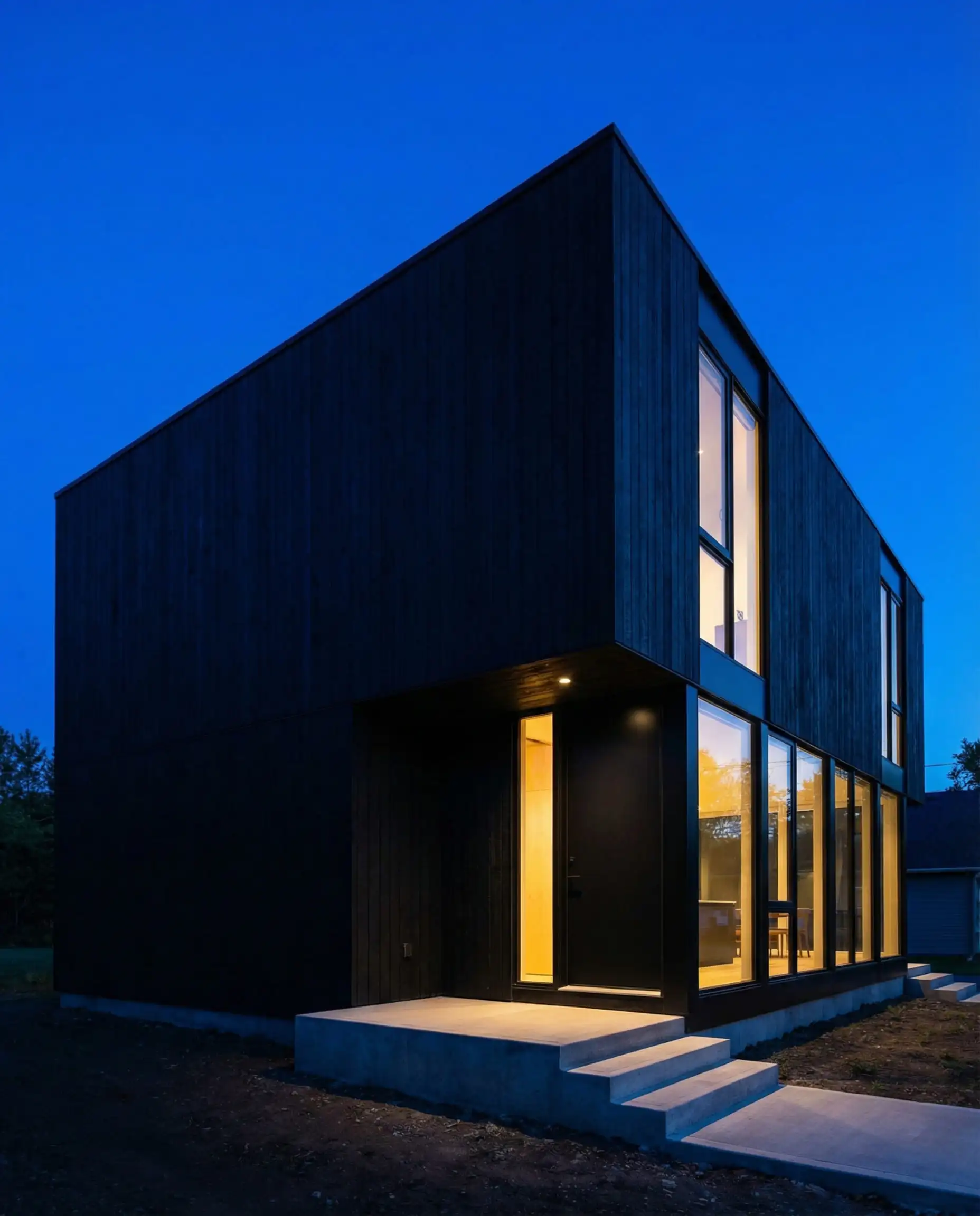 A modern minimalist cube home with vertical black siding and black window frames glowing with warm interior light at dusk.