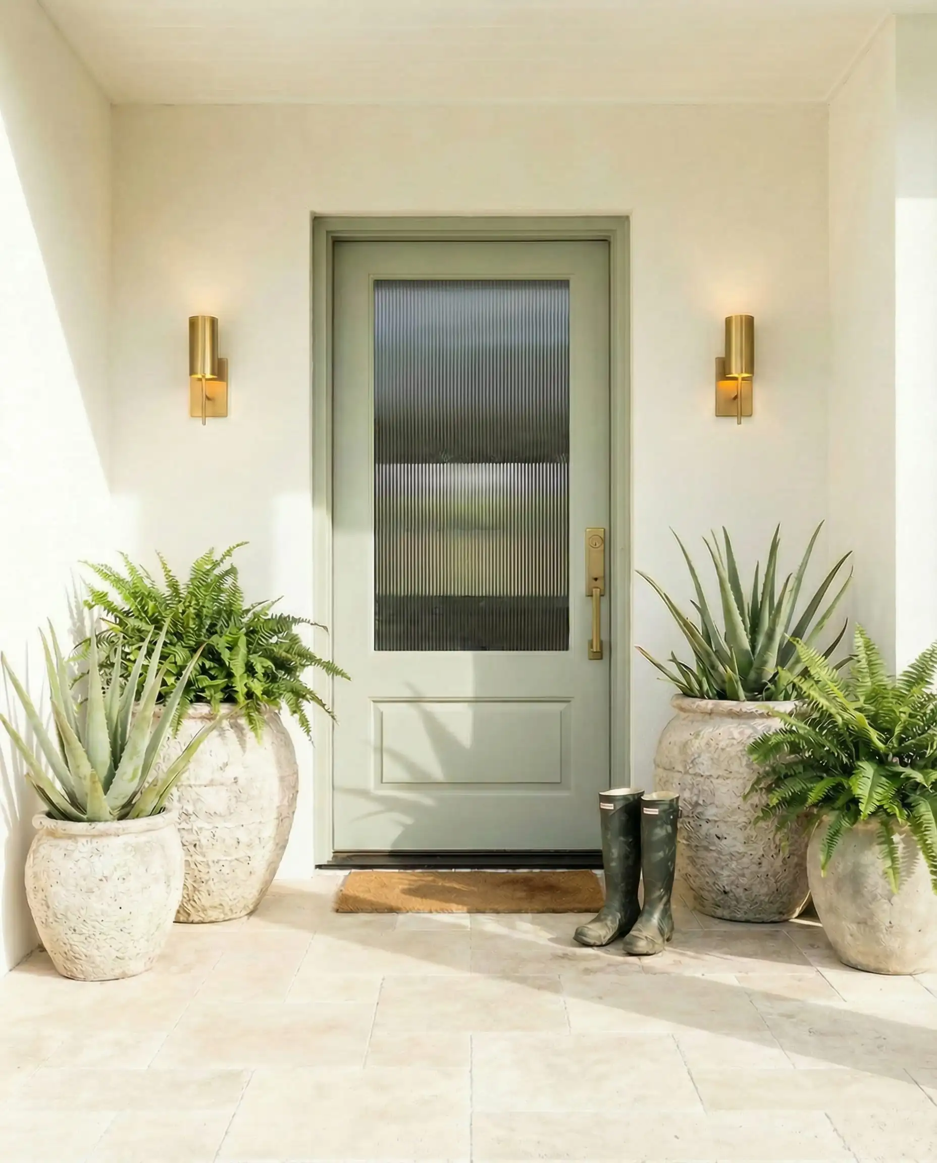 Modern entryway with sage green door, reeded glass, and large potted aloe plants.