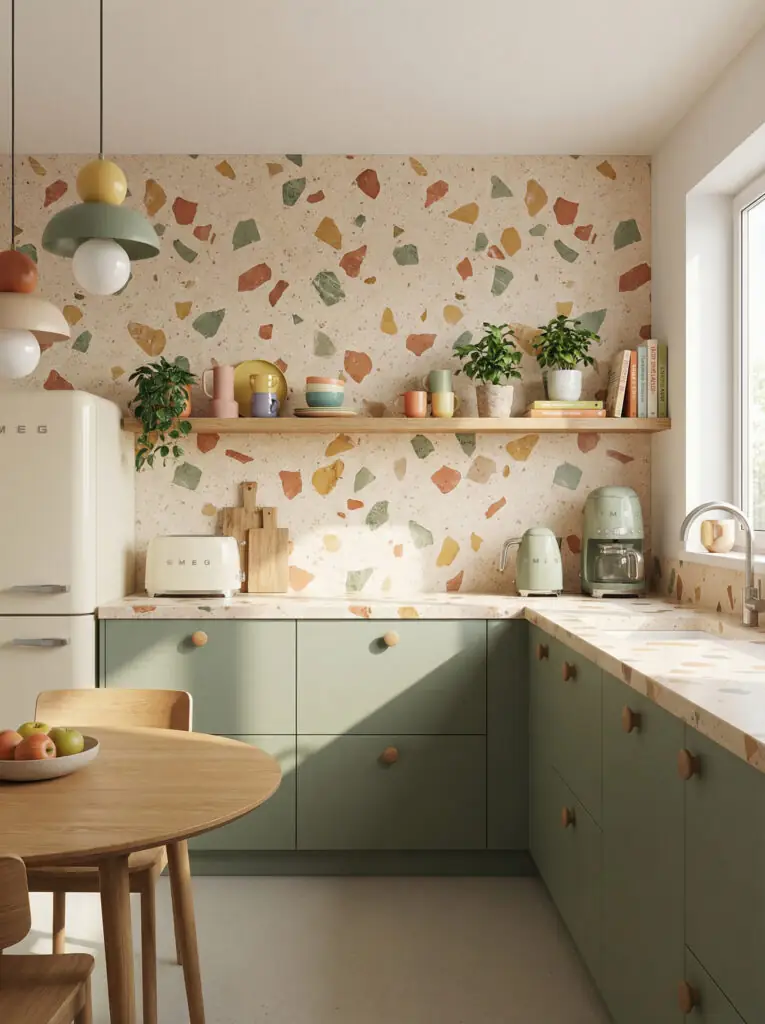 Cuisine moderne avec un plan de travail et une crédence en terrazzo sans jointures, agrémentés de fragments de marbre colorés sur un fond en résine couleur crème chaude.