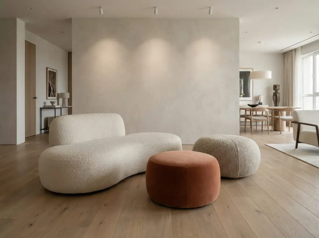 Un ensemble soigneusement sélectionné de trois poufs différents (bouclé crème, tricot avoine et velours terracotta) disposés artistiquement dans un salon minimaliste à aire ouverte avec parquet en chêne clair.
