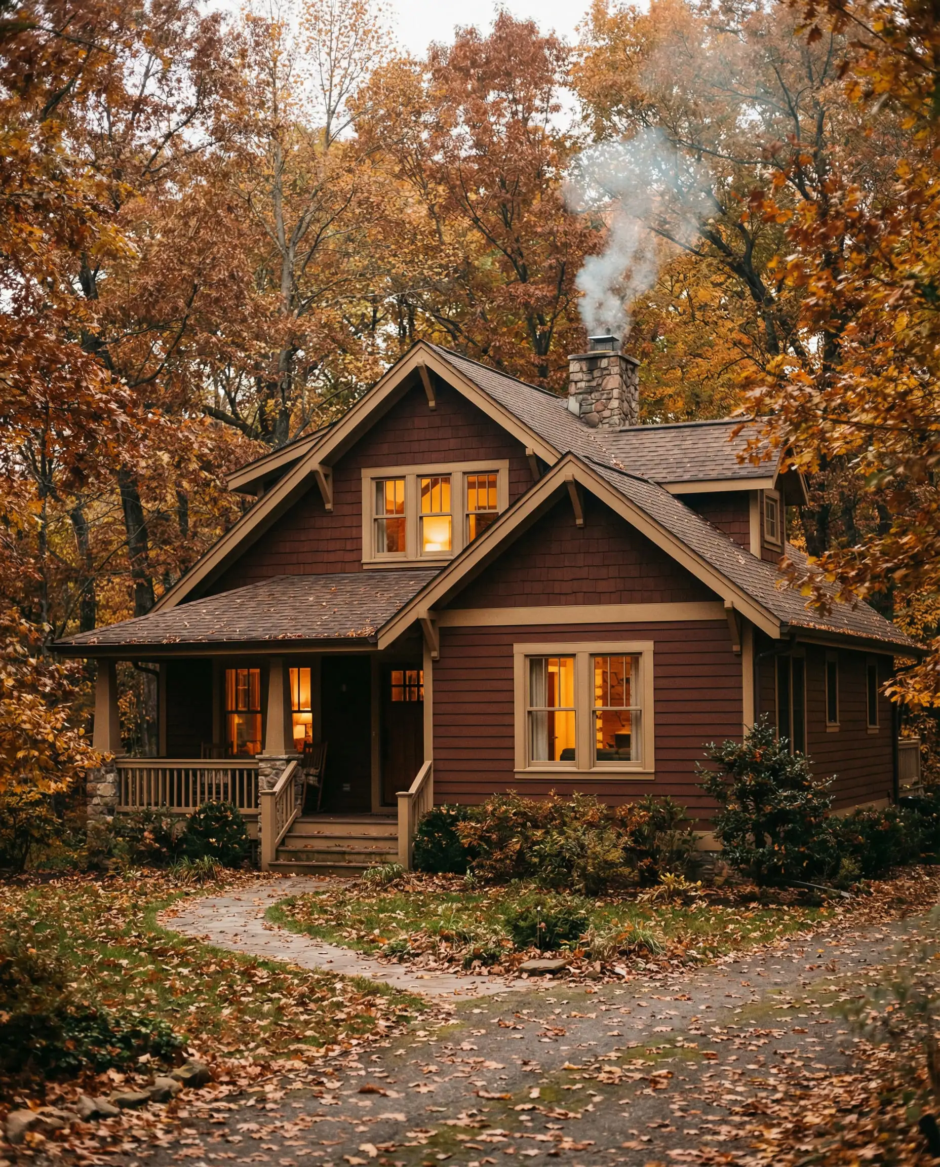 Craftsman cottage painted in monochromatic shades of russet brown and tan nestled in autumn trees.