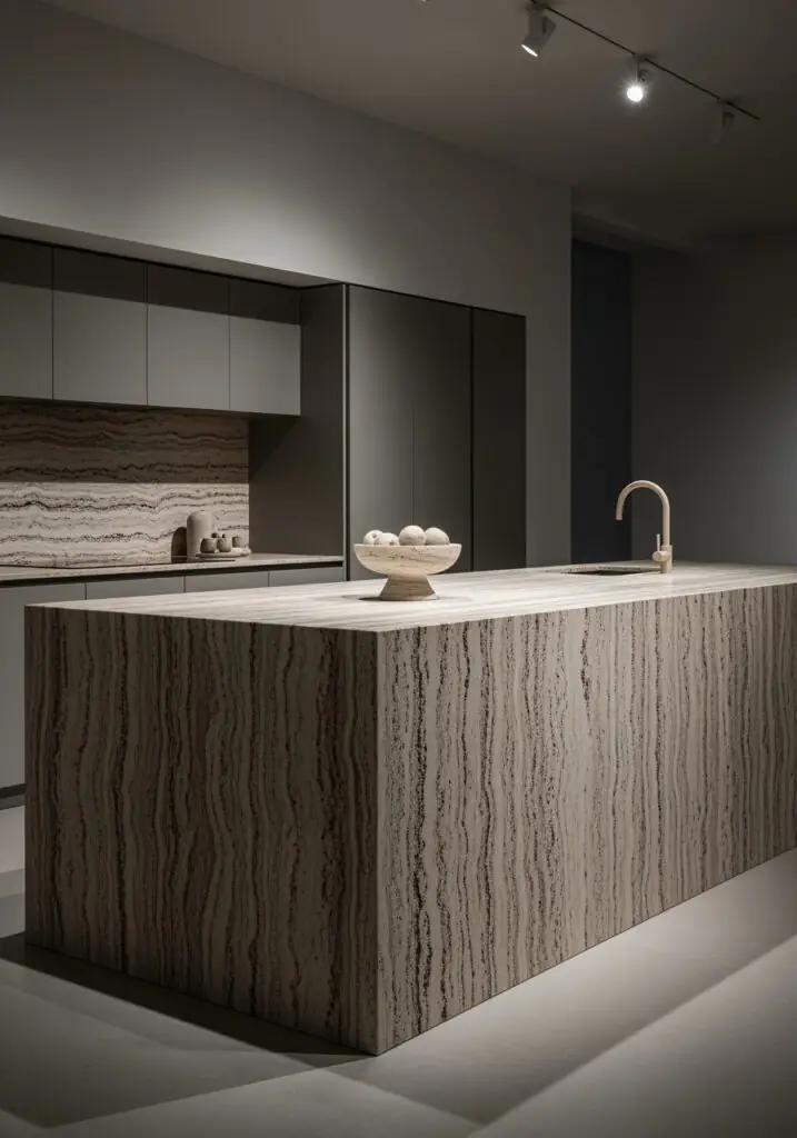 Grand îlot de cuisine sculptural conçu pour ressembler à un bloc monolithique de pierre de travertin avec des bords en cascade sans jointure.
