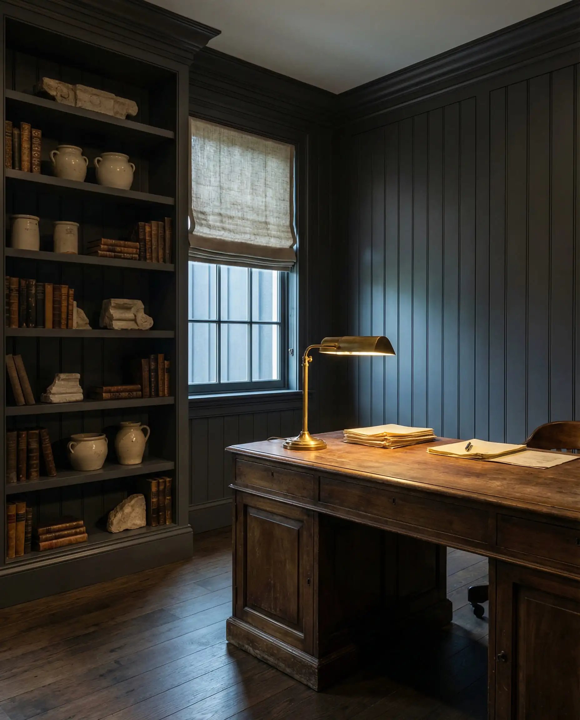 Dark charcoal home office with vertical shiplap walls, built-in bookshelves, and a vintage walnut desk.