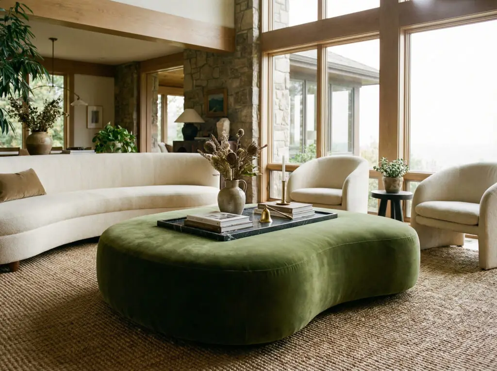 Grand pouf aux formes organiques, recouvert de velours vert mousse foncé, disposé en centre de table avec un plateau en marbre dans un salon lumineux.