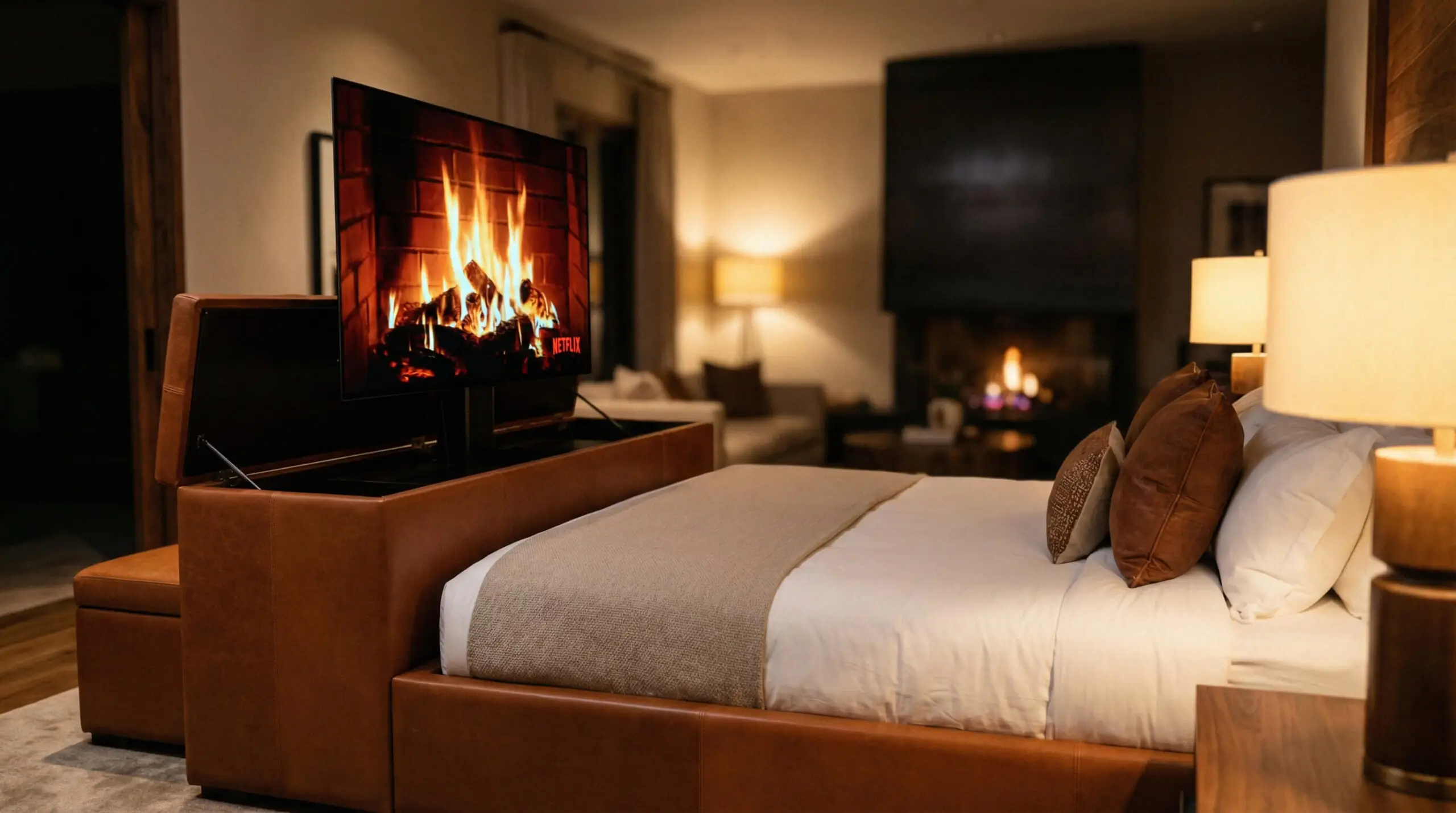Luxury cognac leather cabinet at the foot of a bed with a motorized lift mechanism raising the TV.