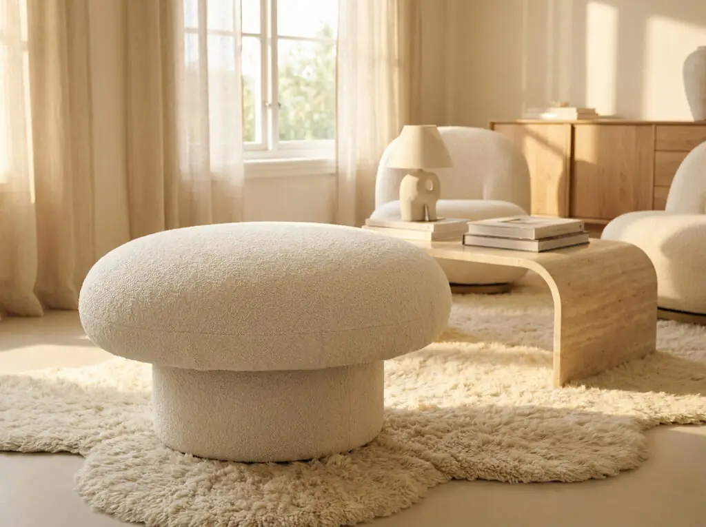 Pouf sculptural en forme de champignon, avec un large chapeau arrondi et une base robuste, recouvert d'un tissu bouclé crème, placé sur un tapis à poils longs dans un espace de vie chaleureux et neutre.