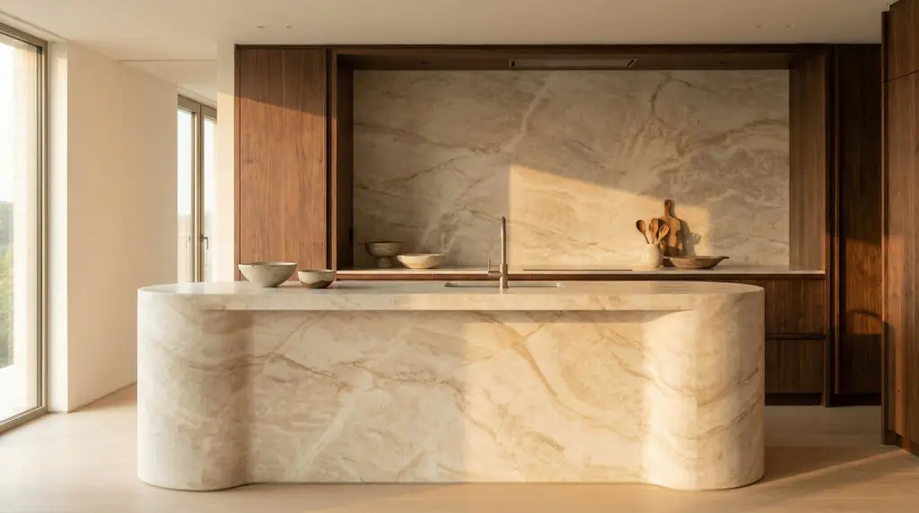 Îlot de cuisine haut de gamme en quartzite Taj Mahal adouci, veiné de beige crème et d'ambre, associé à des armoires en chêne blanc chaud.