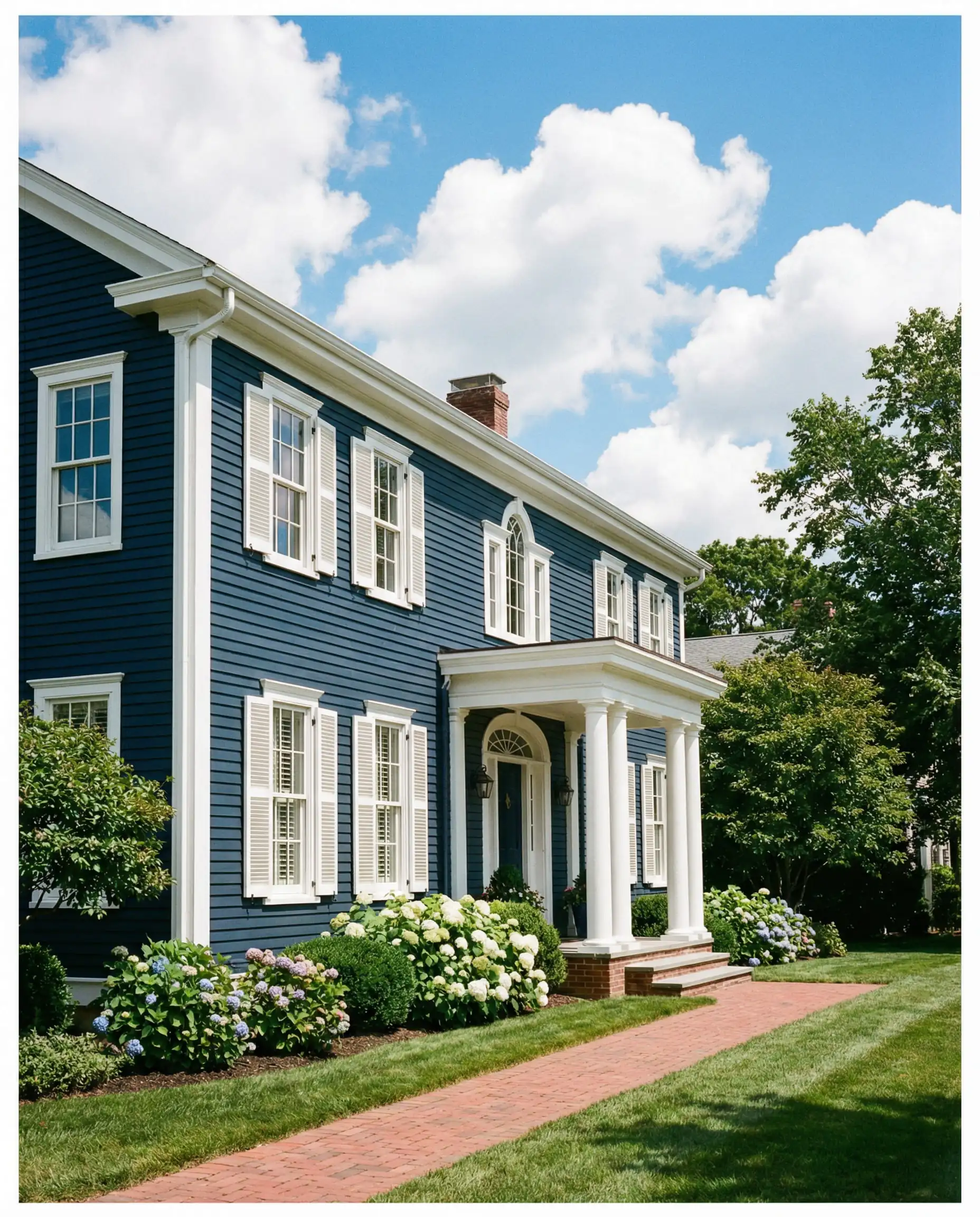 Classic Colonial home painted in deep Hale Navy with stark white columns and trim.