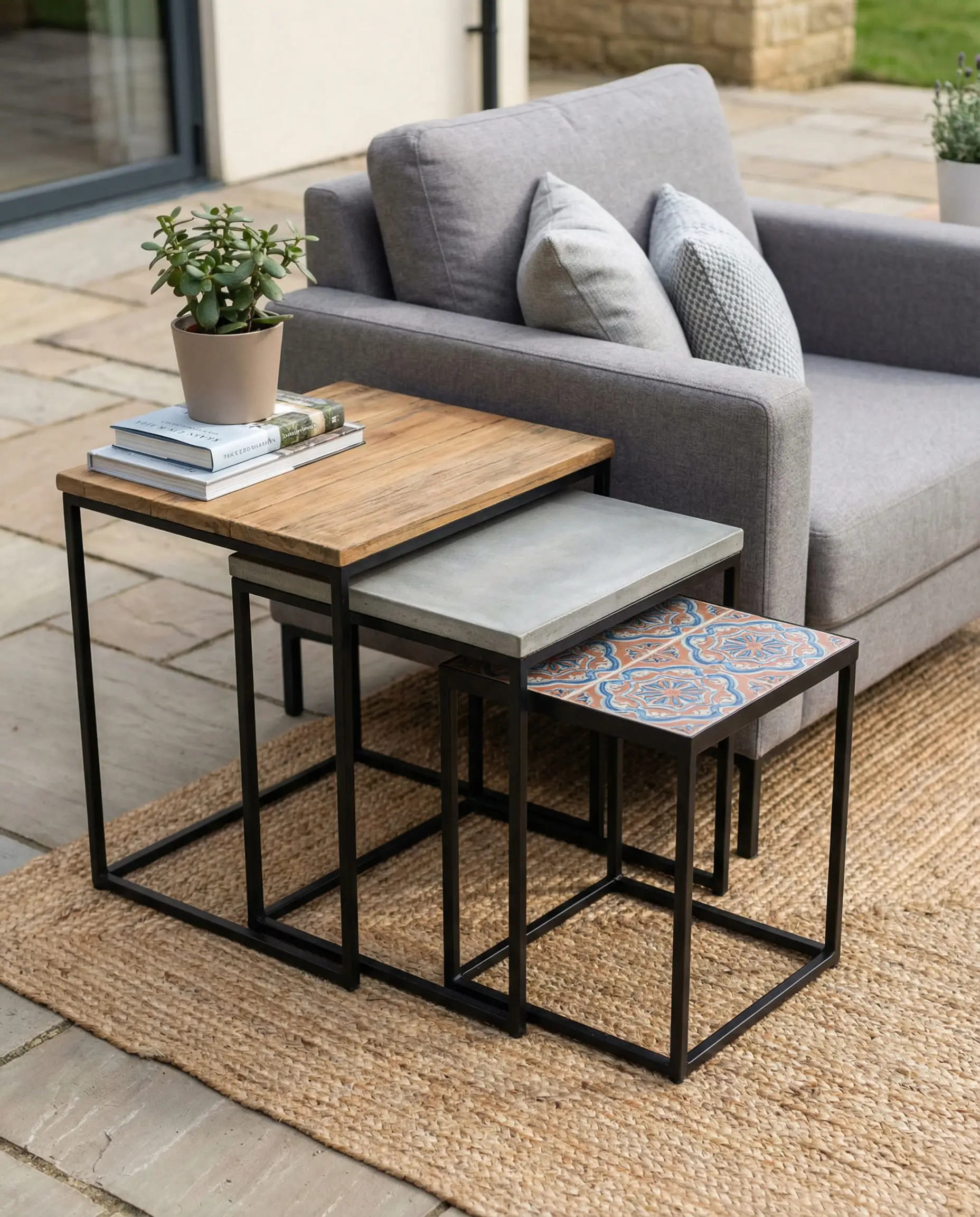 Set of three nesting outdoor side tables in mixed materials.