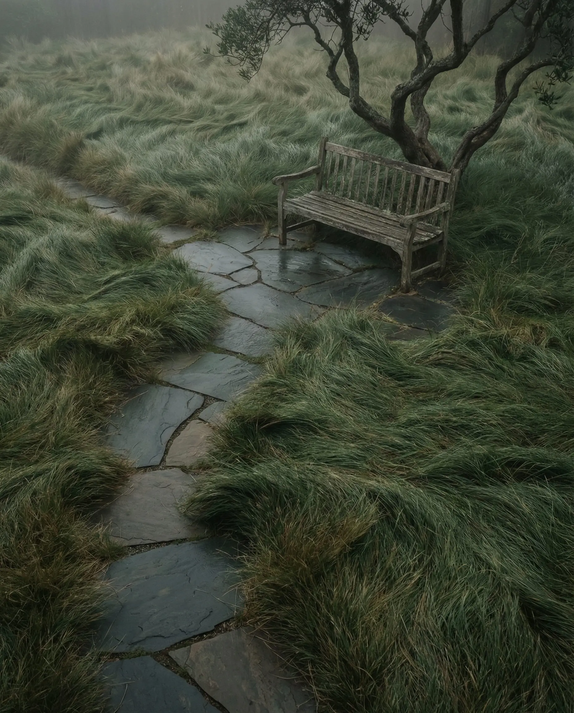 Modern backyard path made of slate stepping stones cutting through long, wavy no-mow fescue grass.