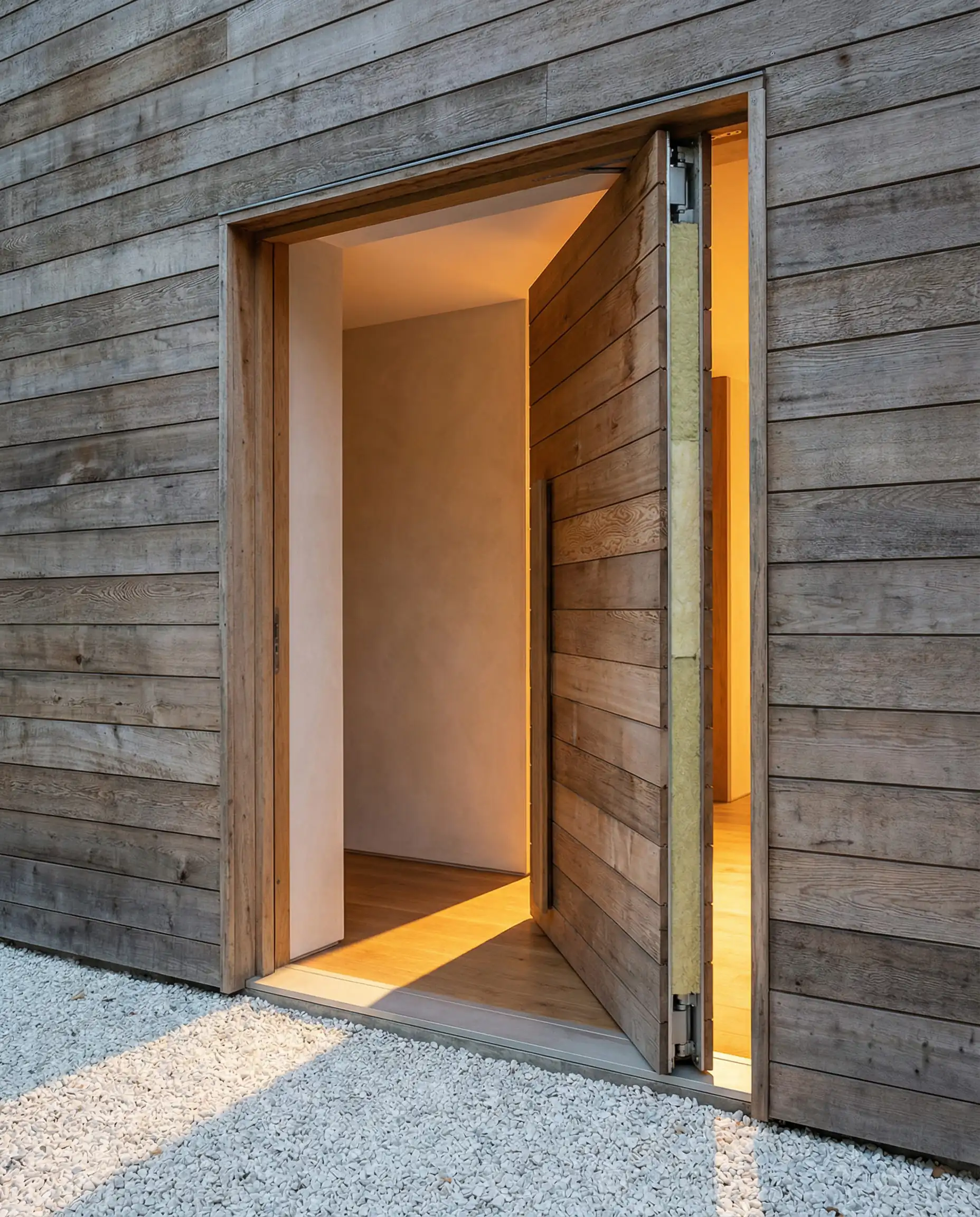 Hidden cedar clad front door slightly ajar showing the door thickness and pivot mechanism.