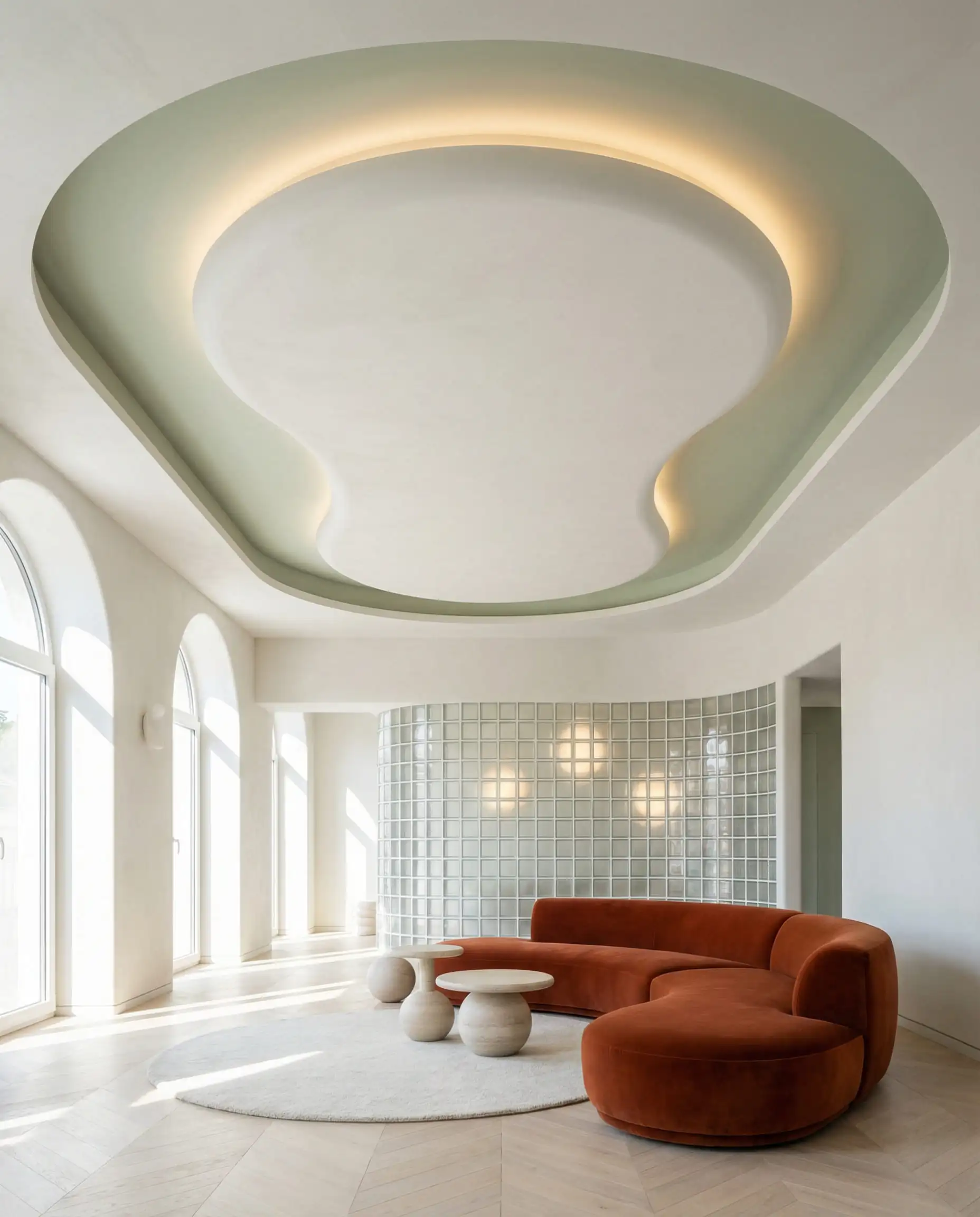 Salon moderne avec un îlot central suspendu en forme de haricot, peint en blanc sur un fond vert sauge.