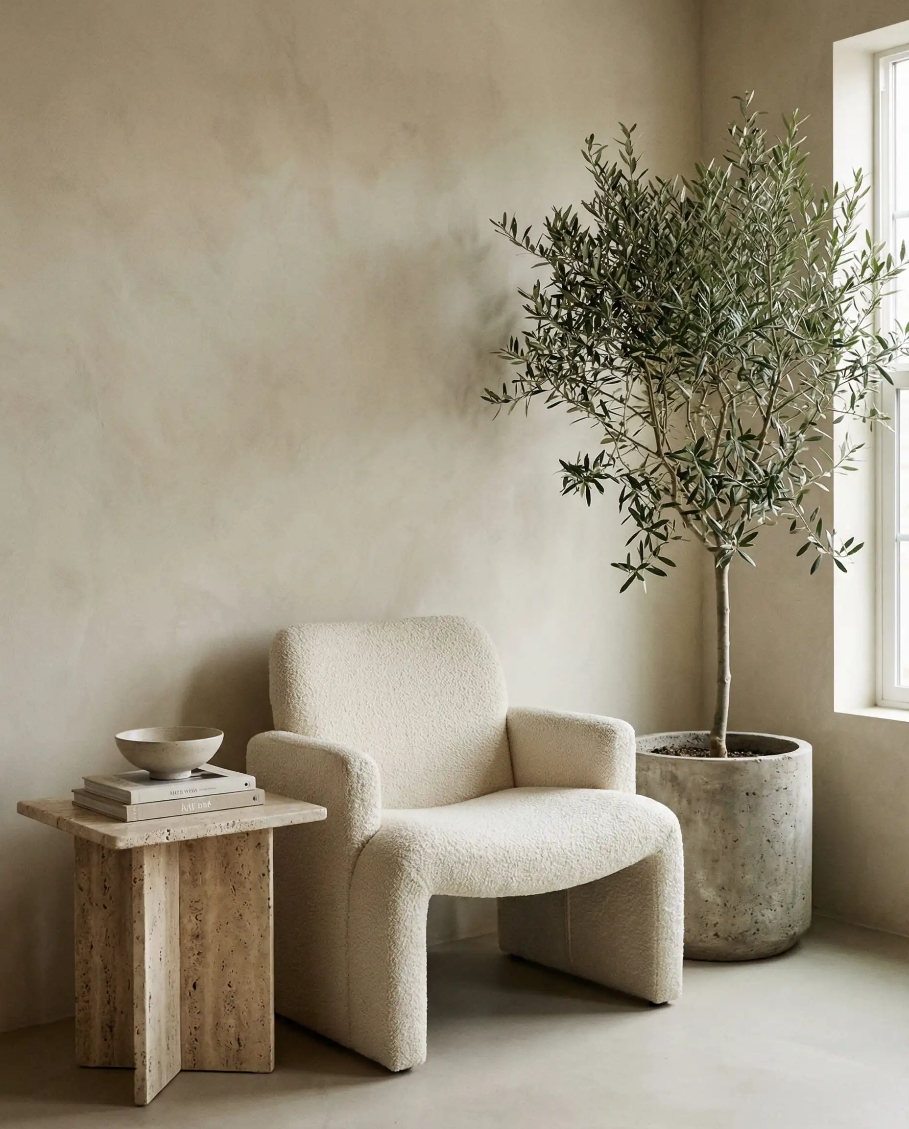 Vignette styling with travertine side table, boucle chair, and indoor olive tree.