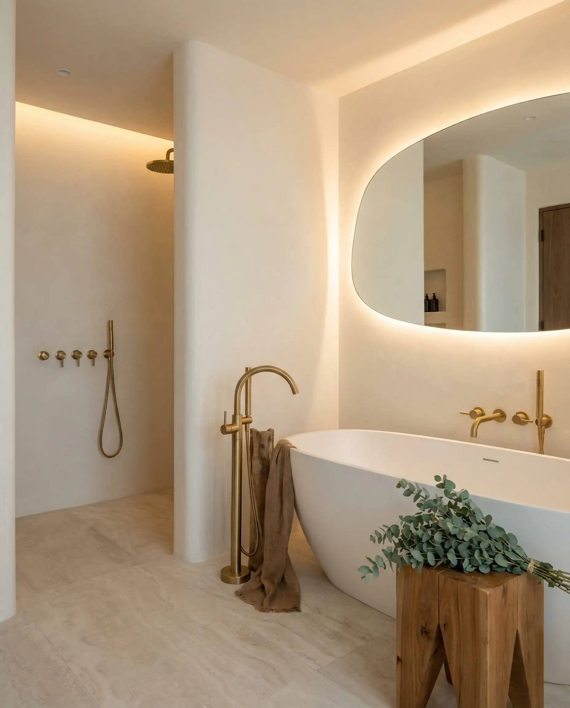 Une salle de bain Spa Organique tranquille et haut de gamme. Murs (Base) : Finis en plâtre Tadelakt blanc cassé chaud, enveloppant la pièce dans une enveloppe douce et monolithique.