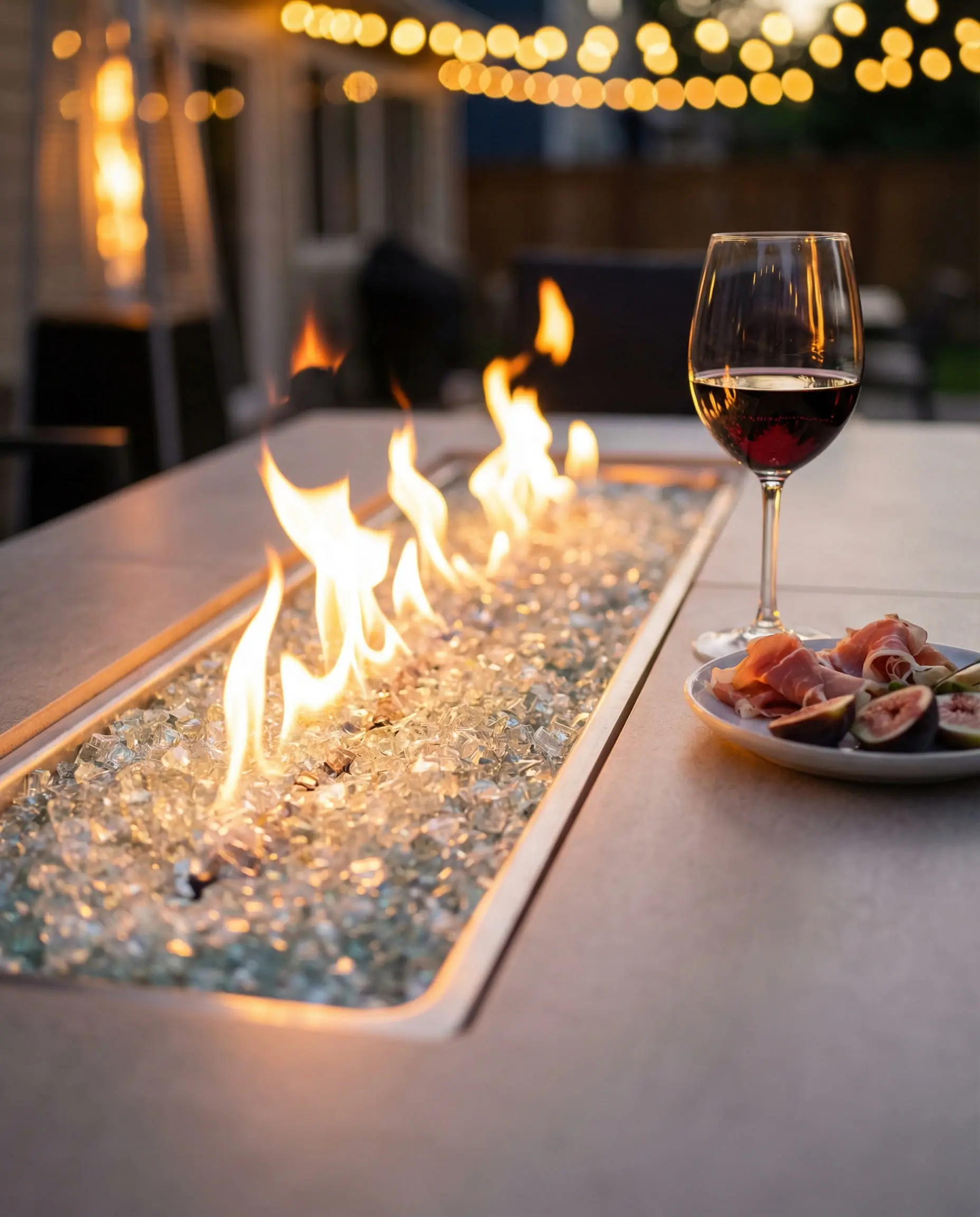 Rectangular outdoor coffee table with a central gas fire strip and crushed glass.