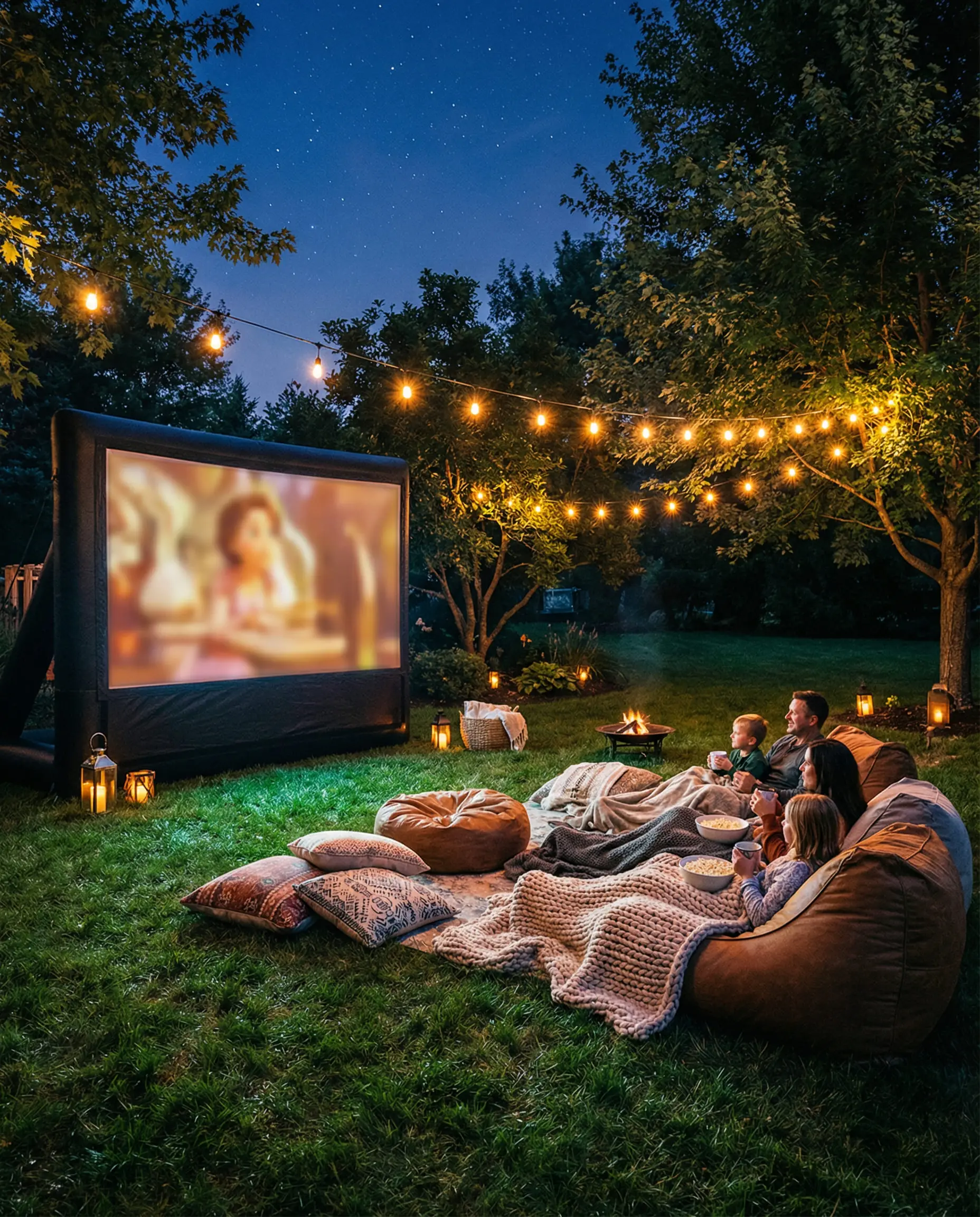 Cozy outdoor movie setup with a projector screen, bean bags, and string lights on a lawn at twilight.