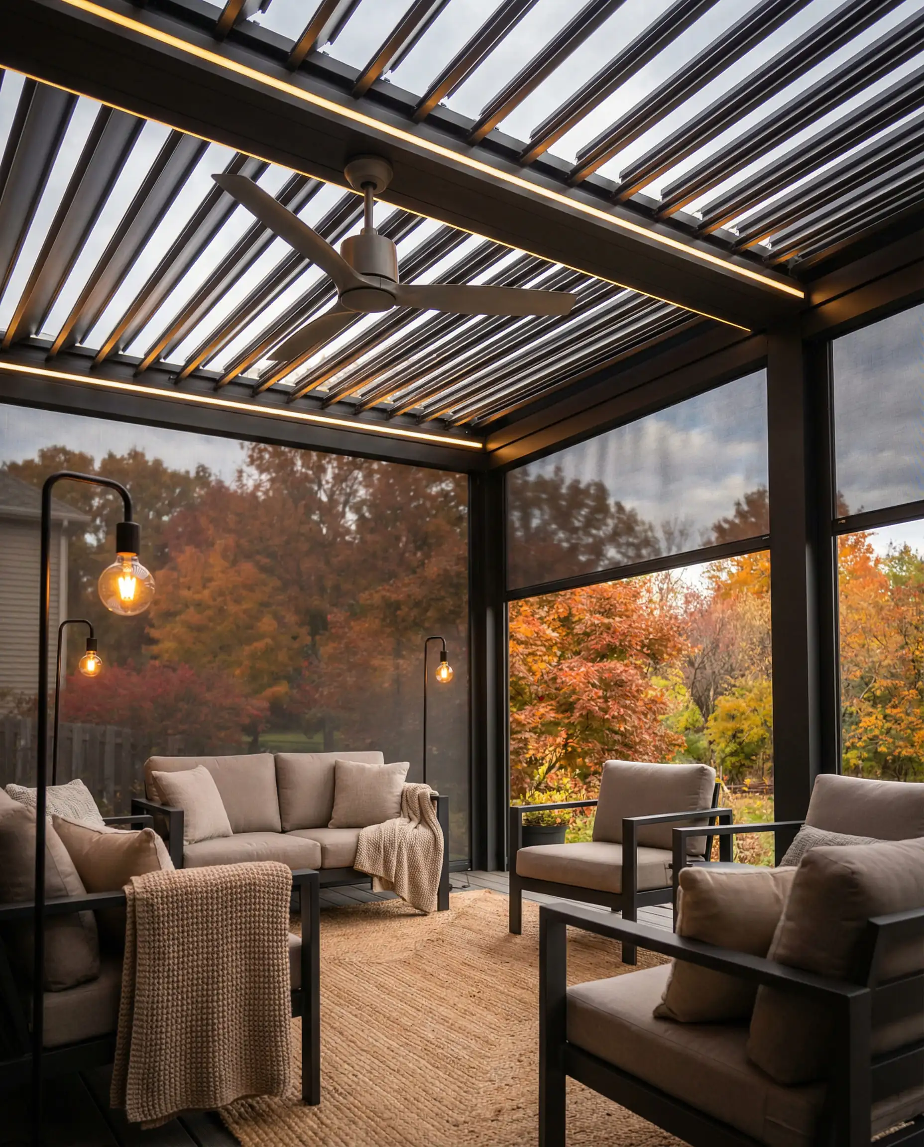 Interior view of a pergola outdoor room with side screens, rug, and heater.