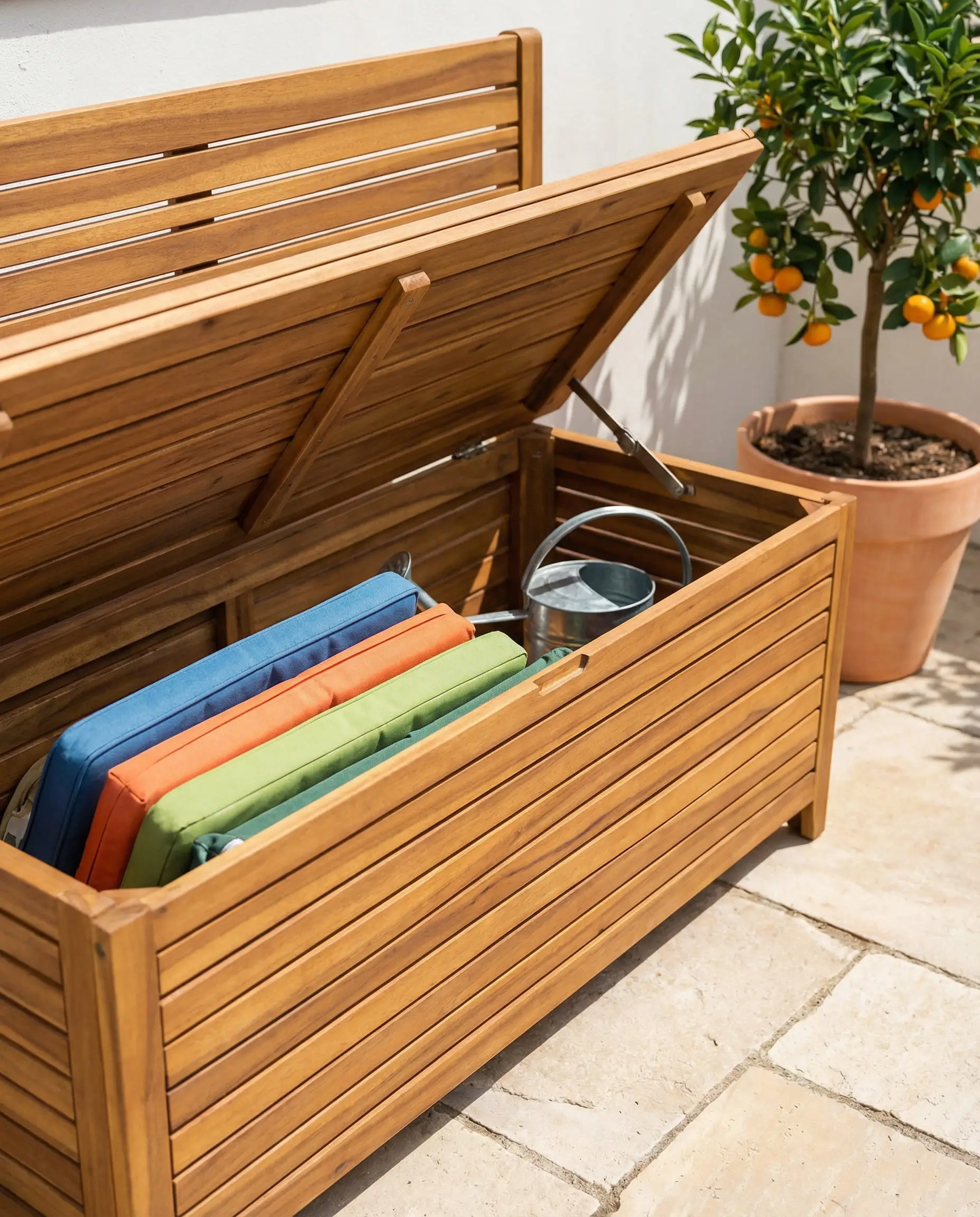 Wooden outdoor bench with seat propped open to show storage inside.