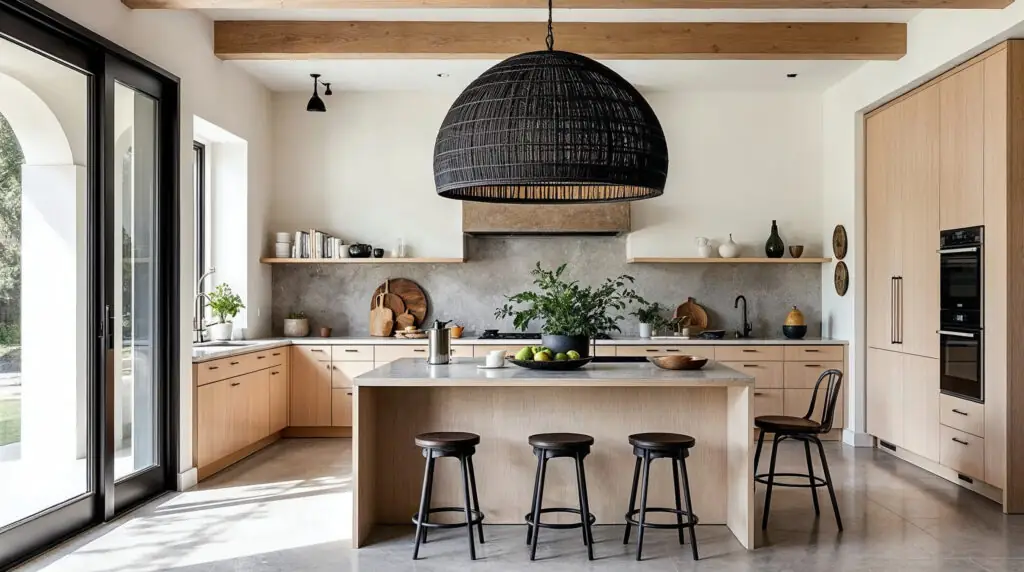 Dans un espace ouvert, un imposant luminaire suspendu en rotin noir en forme de dôme surplombe un îlot de cuisine en frêne clair.