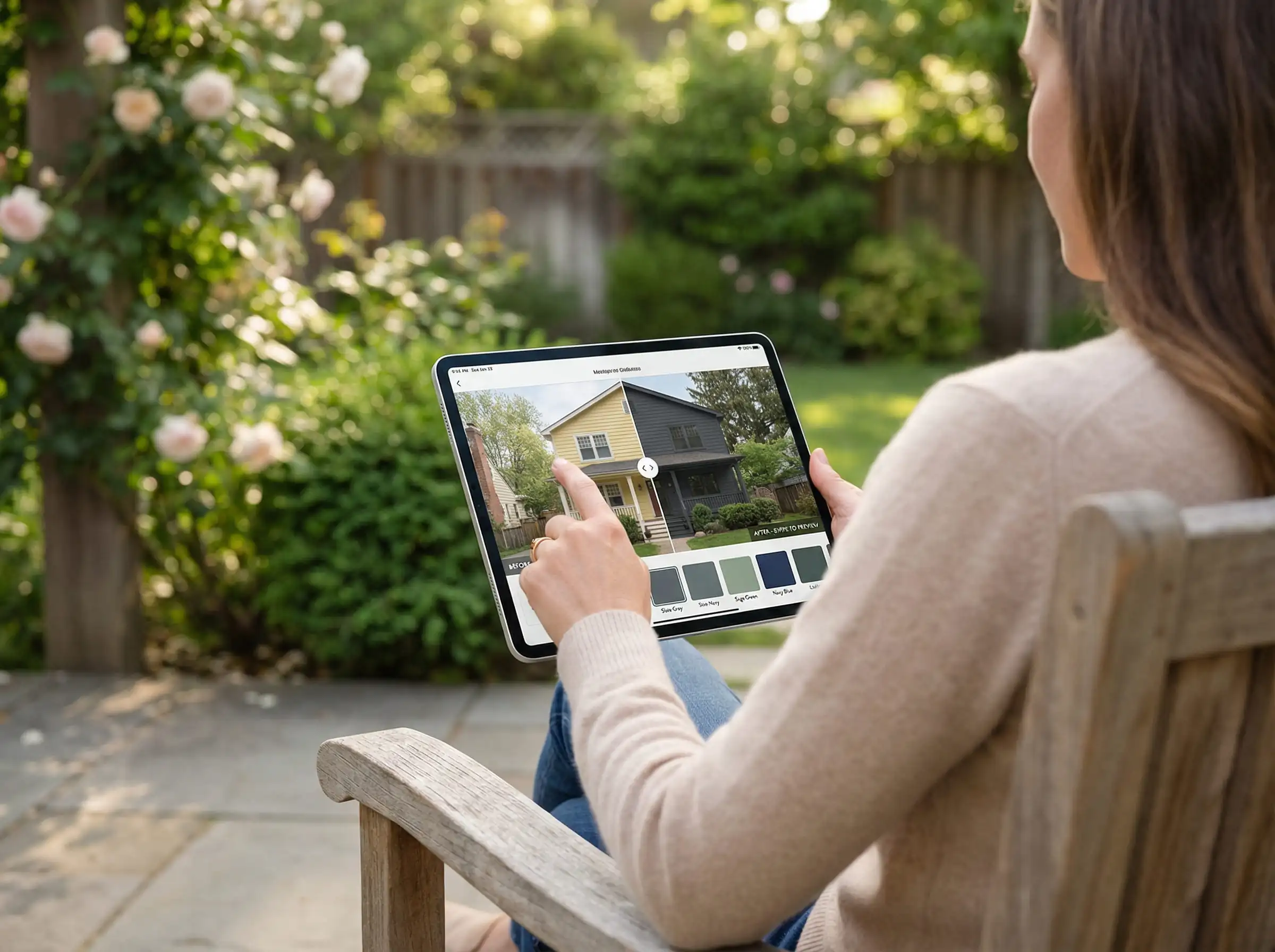 A homeowner sitting on a patio using a tablet to visualize different paint colors on a photo of their house exterior.