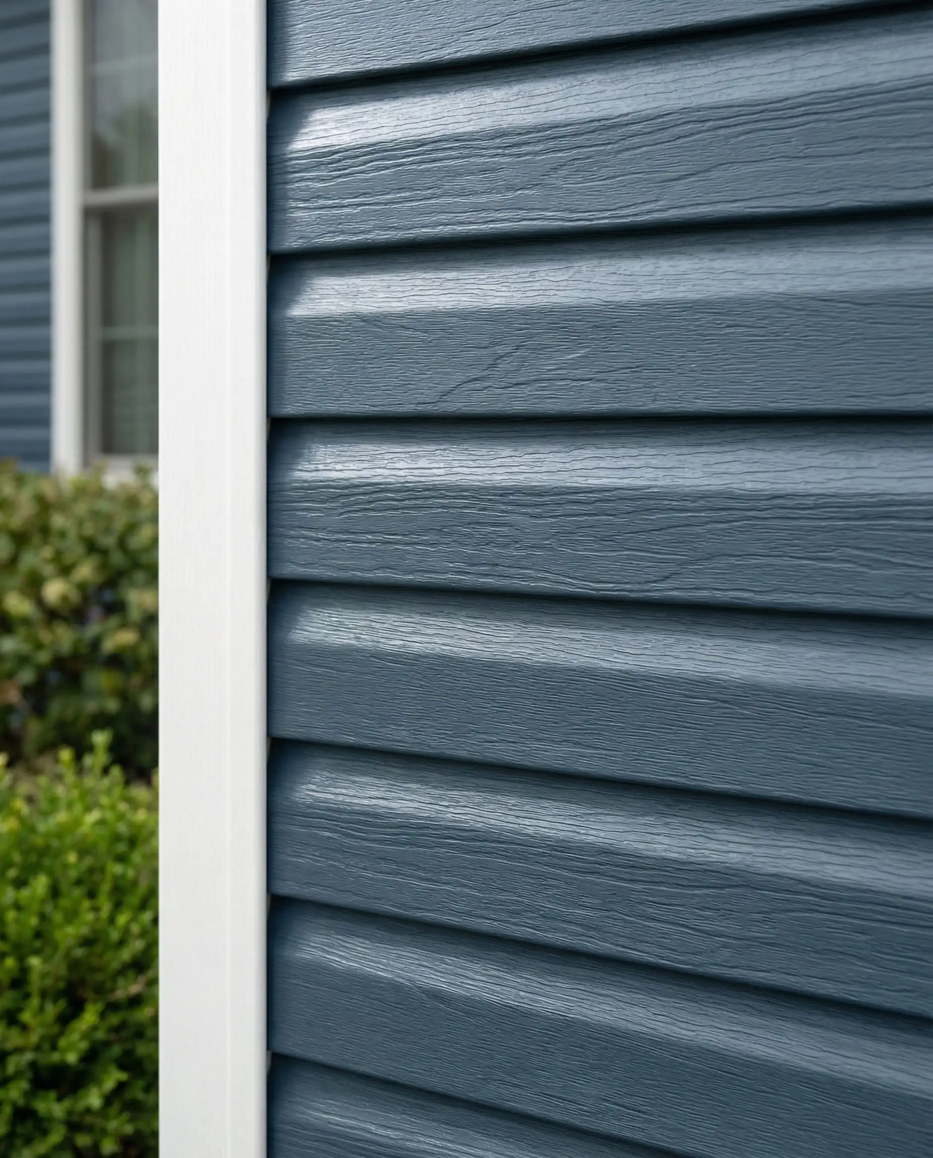 High-quality vinyl siding painted in a vinyl-safe Slate Blue color showing embossed wood grain.