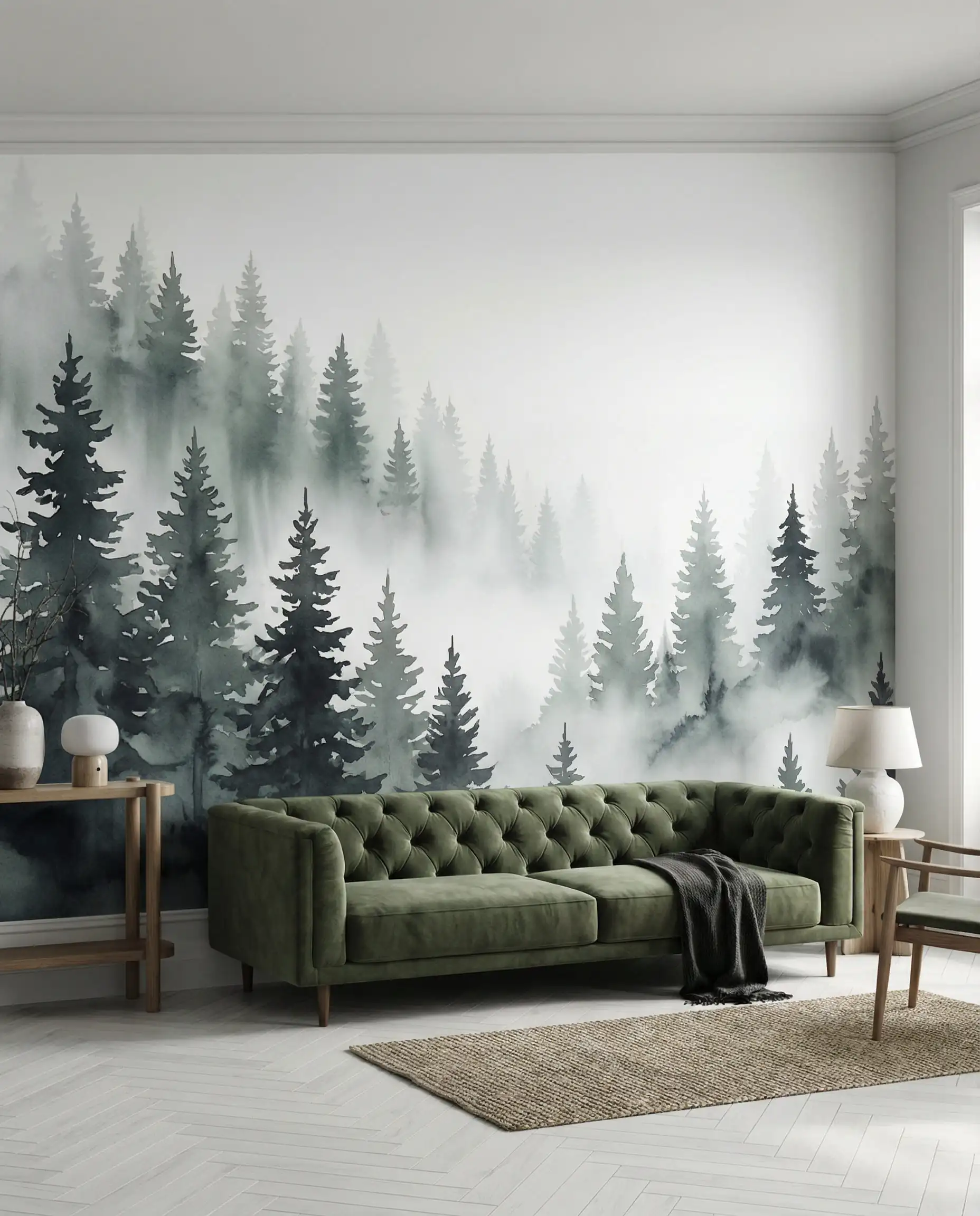 Floor-to-ceiling panoramic wallpaper mural of a misty desaturated pine forest behind a moss green velvet sofa.