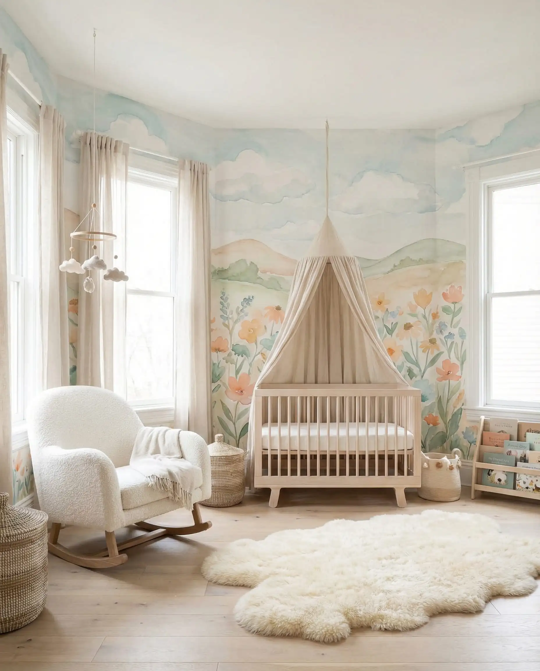Chambre de bébé avec une murale de paysage à l'aquarelle pastel doux avec des collines et des nuages.