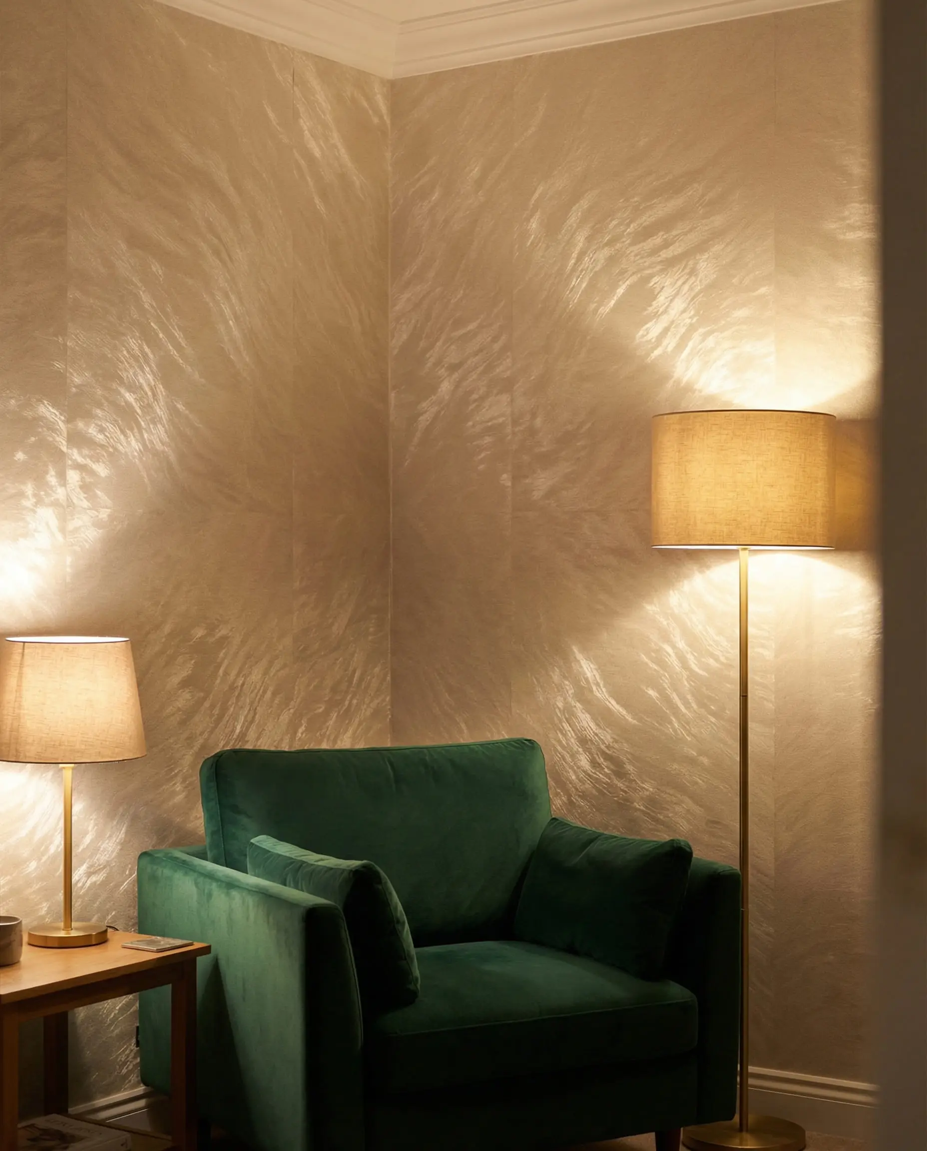 Dimly lit small room corner brightened by champagne-colored wallpaper with a light-reflecting pearlescent sheen.