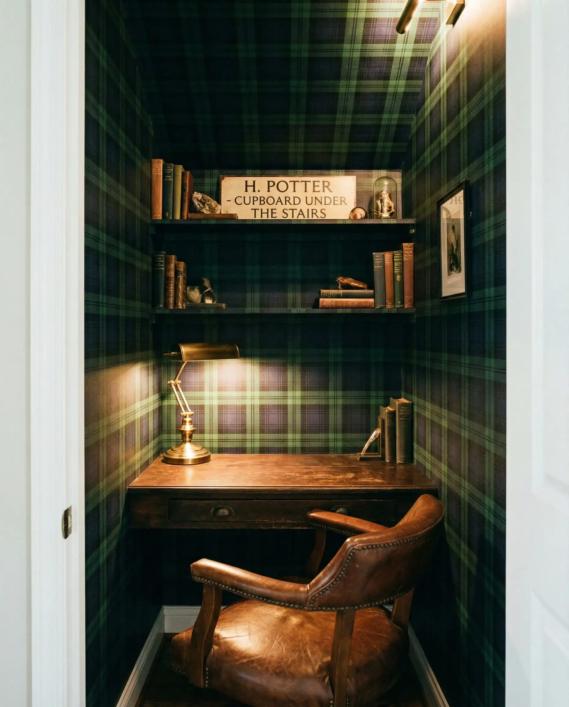 Petit bureau placard entièrement recouvert de papier peint à carreaux vert foncé sur les murs et le plafond.