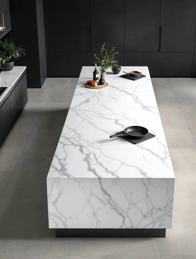 Cuisine moderne et élégante dotée d'un grand plan de travail en porcelaine imitant le marbre Statuario, sur lequel on peut voir une poêle chaude posée directement pour démontrer sa résistance à la chaleur.