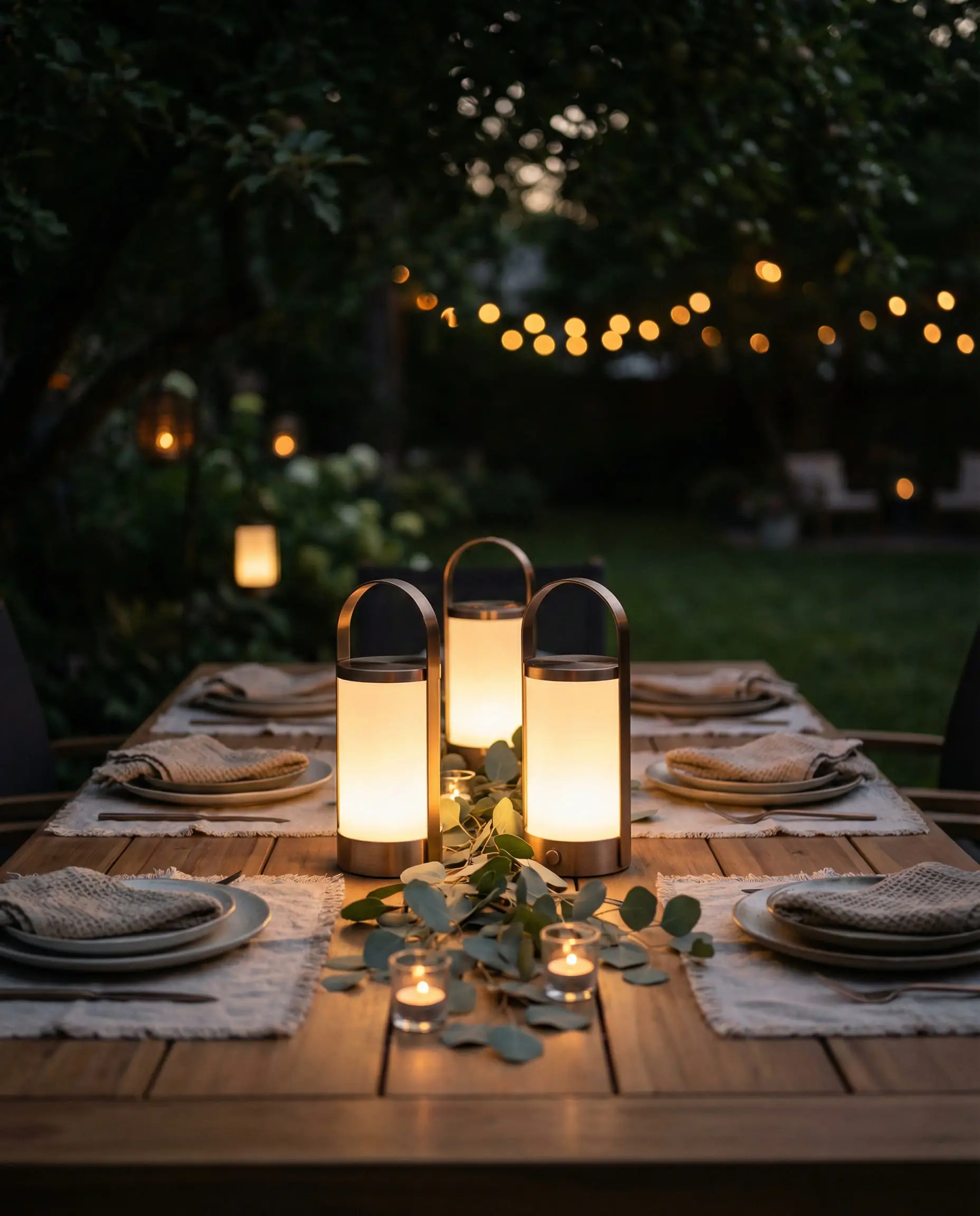 Three portable LED lanterns glowing on an outdoor dining table at dusk.