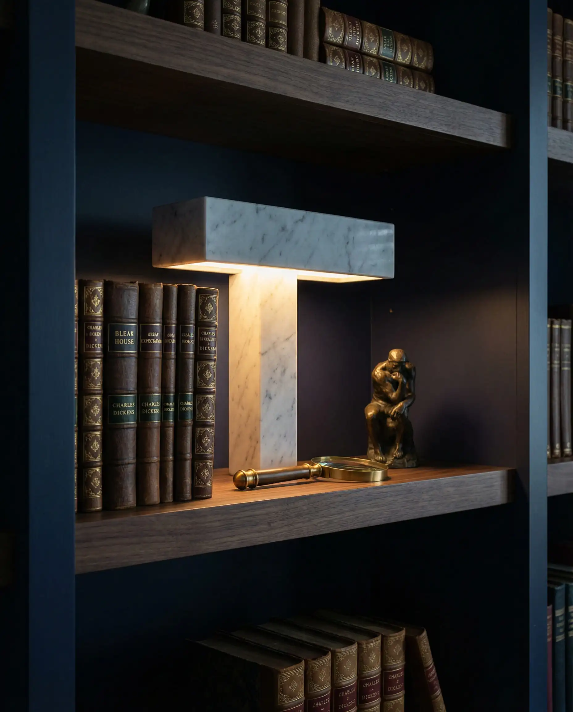 Glowing solid marble portable lamp styled on a high library shelf sandwiched between leather-bound books.