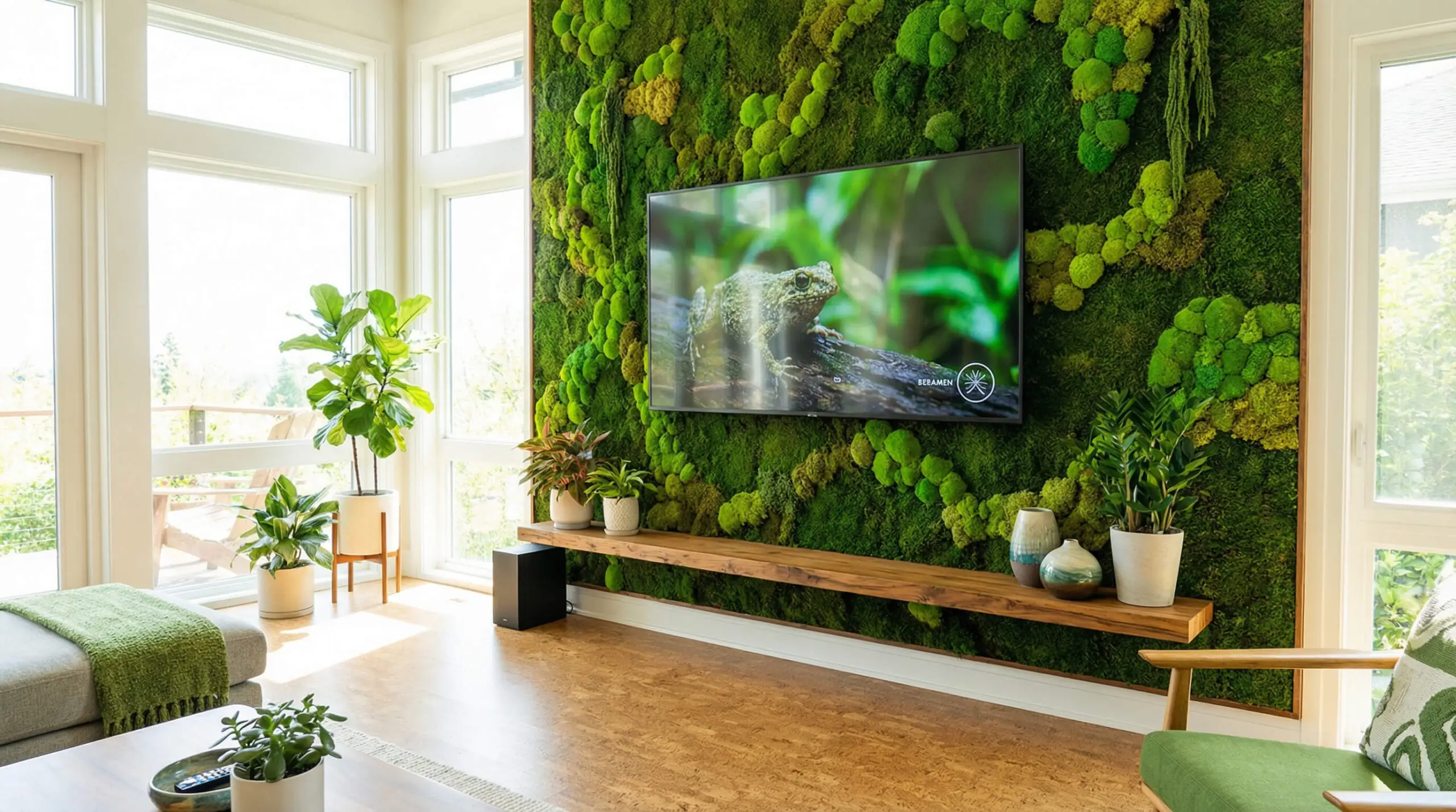 Eco-modern living room where the TV is mounted on a wall covered in preserved green moss with a floating teak shelf below.