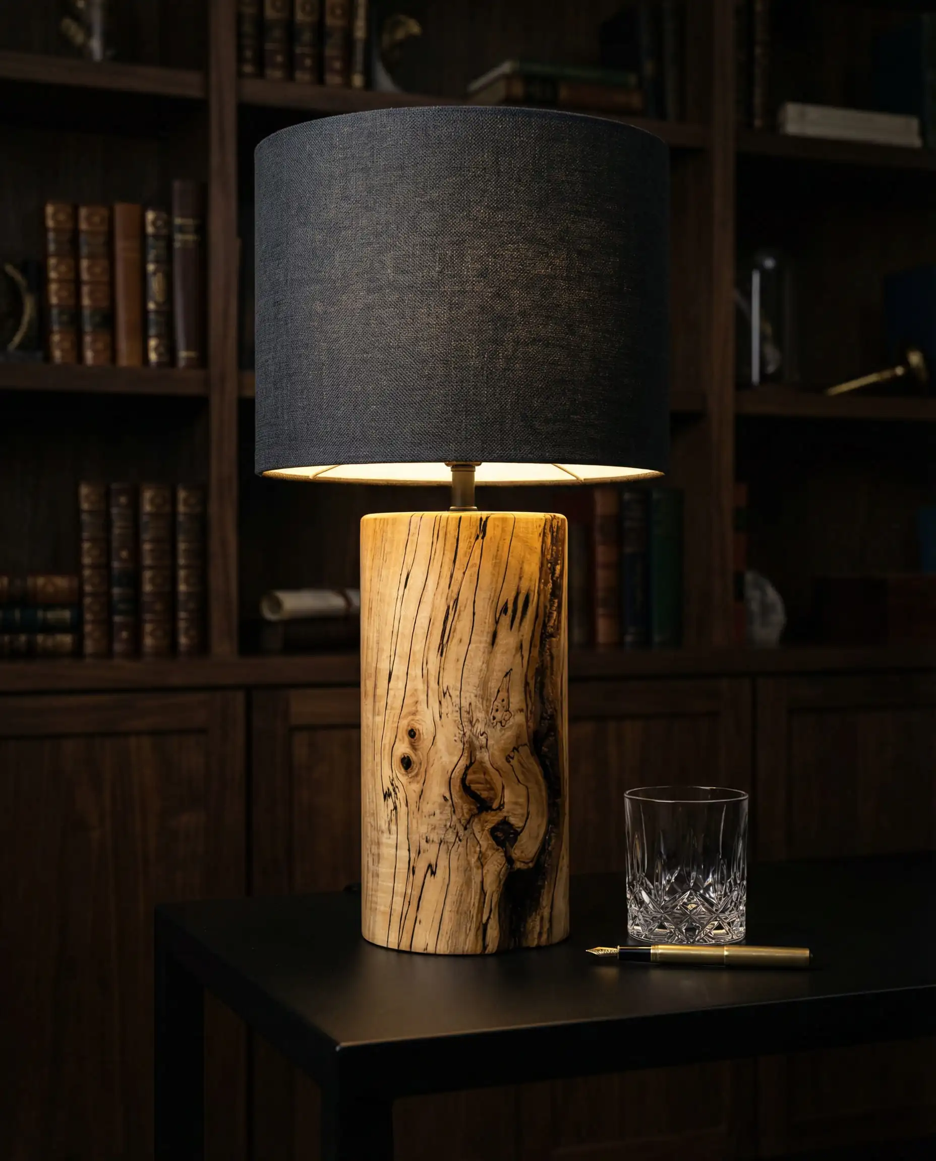 A statement table lamp turned from a solid block of raw spalted maple wood with live edges, styled in a moody home office.