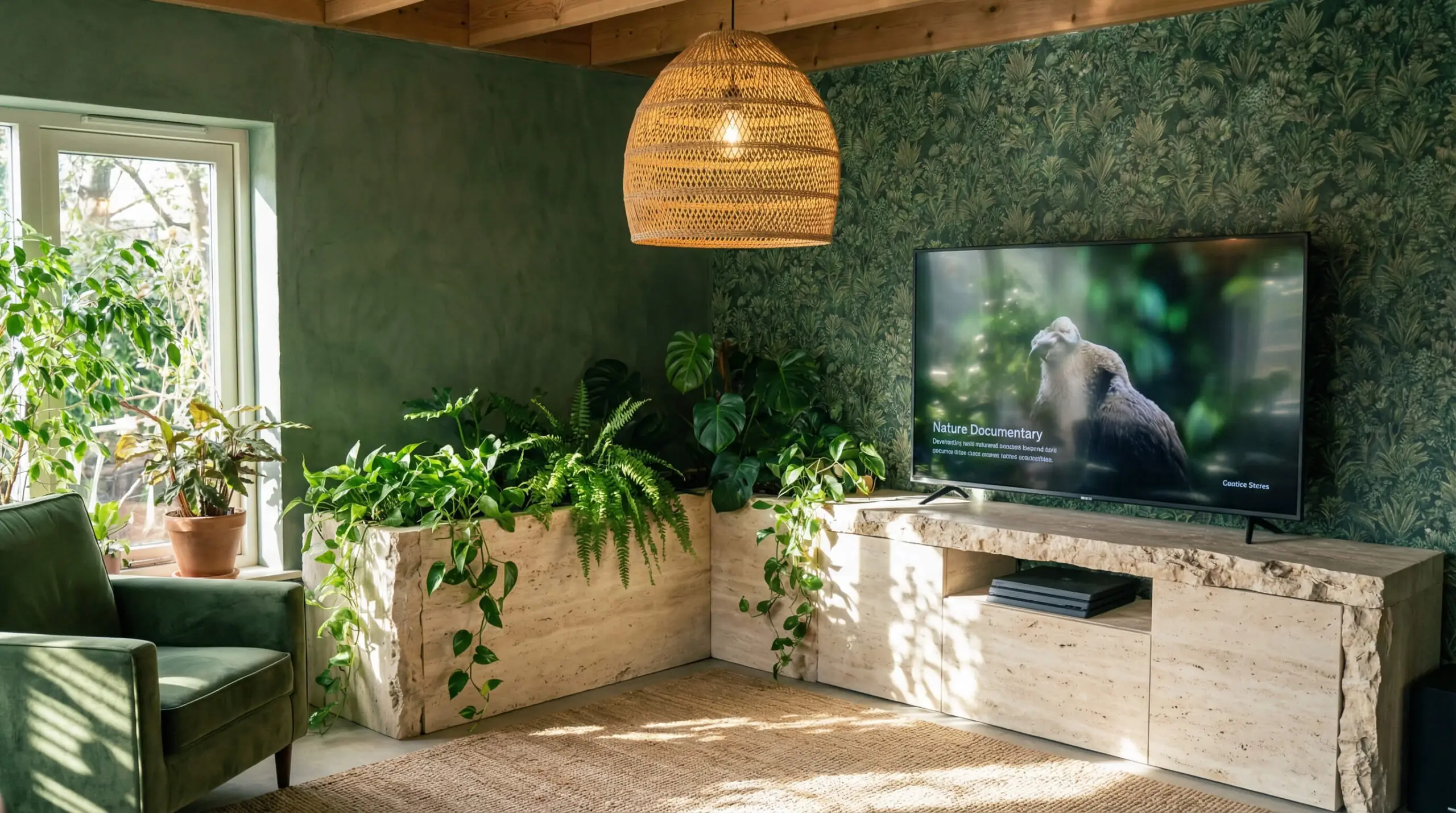 Monolithic raw travertine stone TV console featuring a jagged live-edge and a built-in planter box with cascading plants.