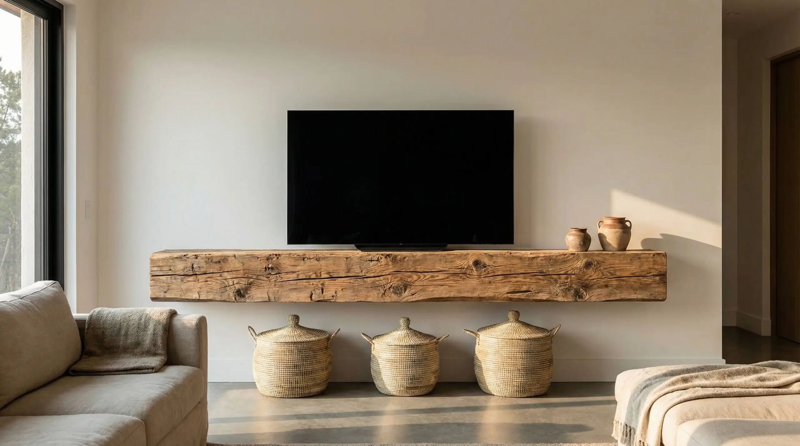 Rustic modern floating TV shelf made from a massive reclaimed Douglas Fir wood beam with visible knots and cracks.