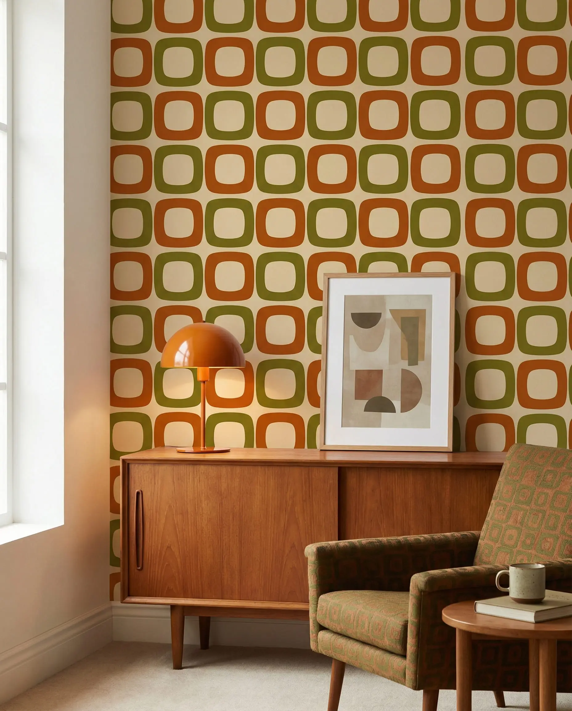 Mid-century modern living room with olive green and rust geometric "squircle" pattern wallpaper.
