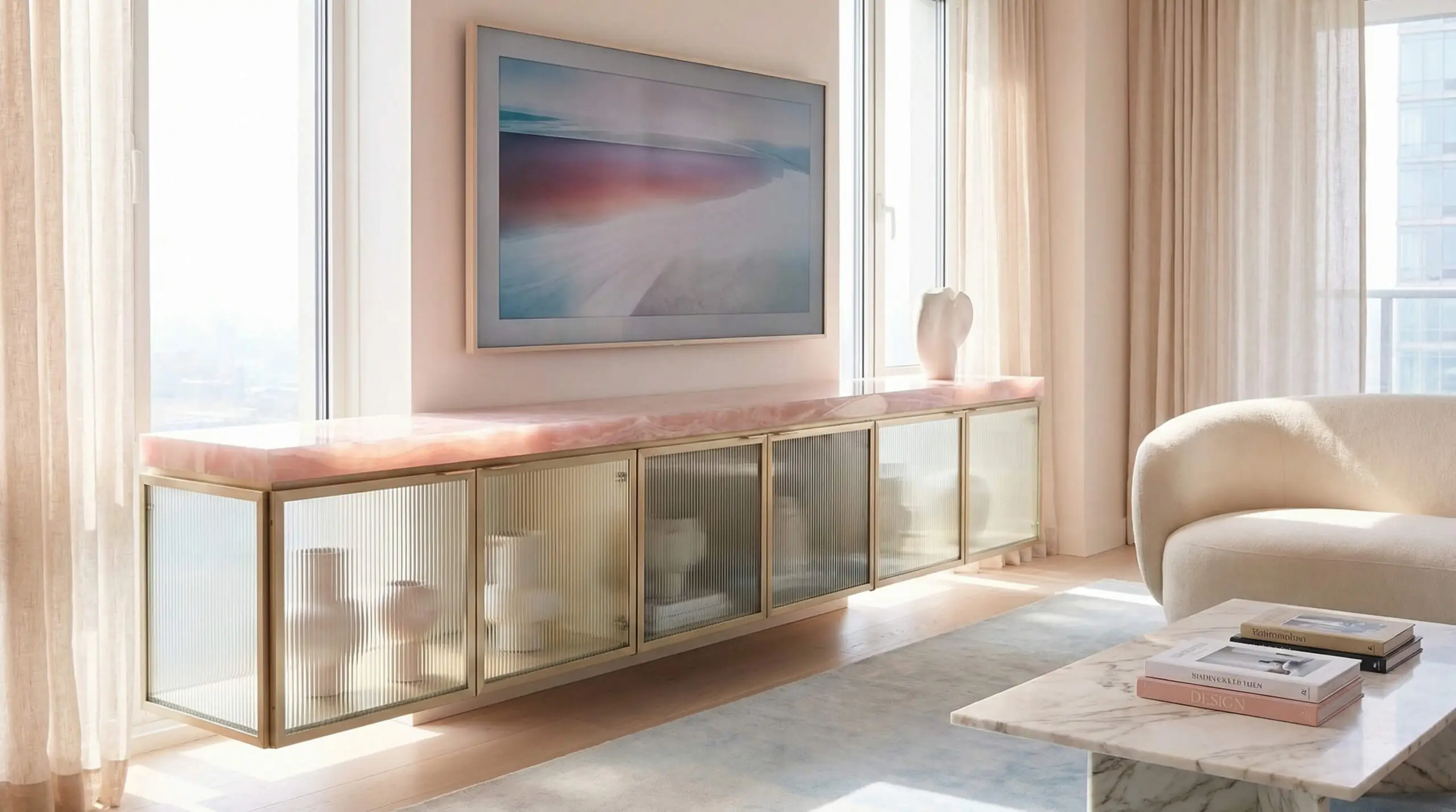 Elegant media console made of ribbed fluted glass doors framed in champagne gold metal with a pink onyx top.