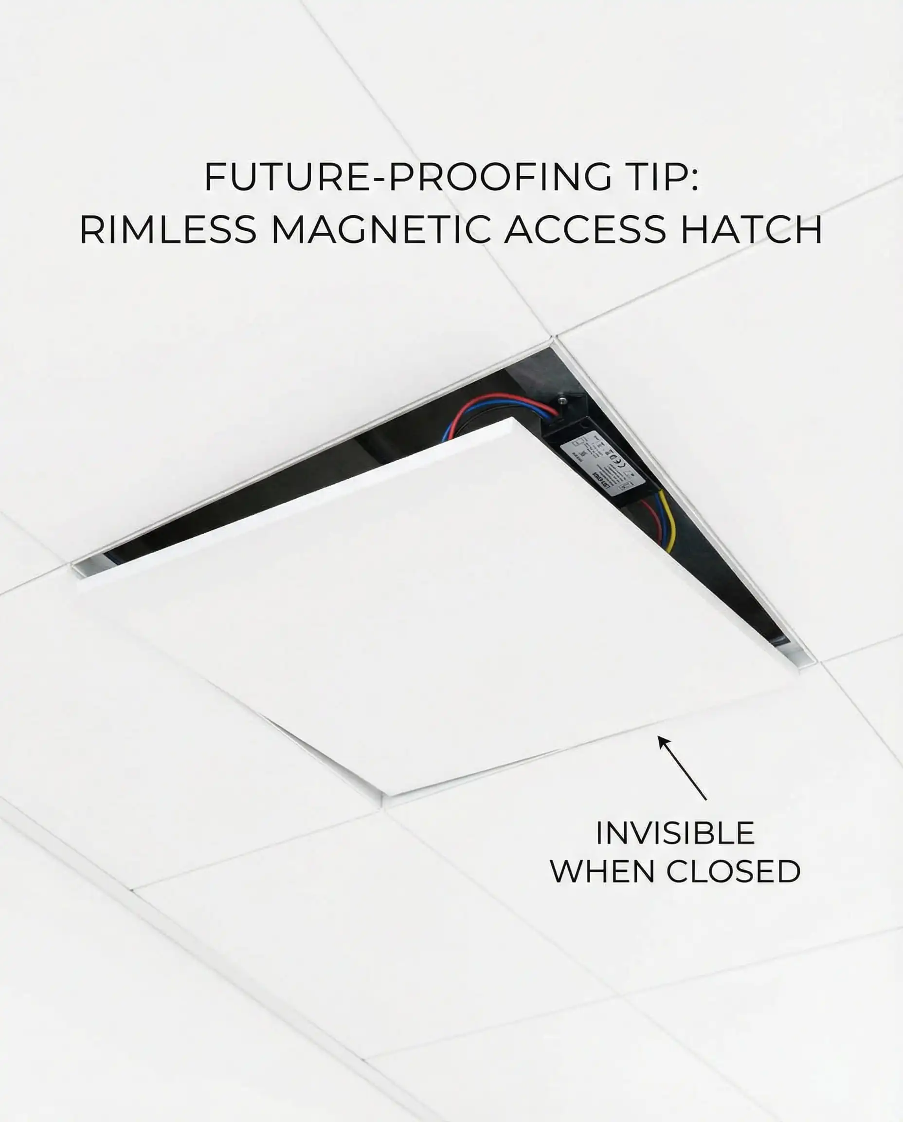 Close-up of a rimless magnetic access hatch in a white gypsum ceiling, partially open to show wiring access.