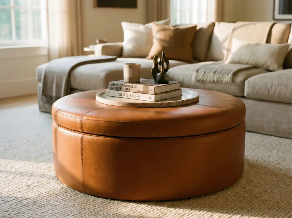 Un grand pouf rond en cuir cognac, faisant office de table basse, avec un plateau en marbre, des livres et une bougie, est posé sur un tapis en laine texturée dans un salon baigné de soleil.