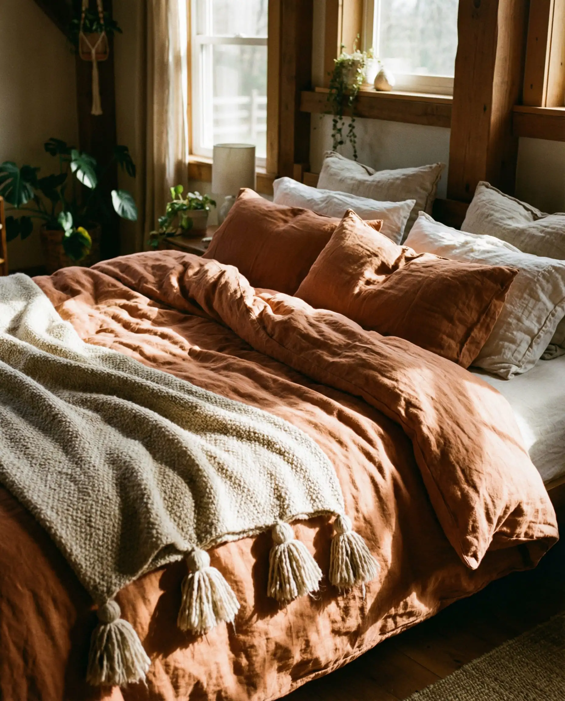 Unmade bed styled with rust colored washed linen duvet and chunky beige wool throw blanket.
