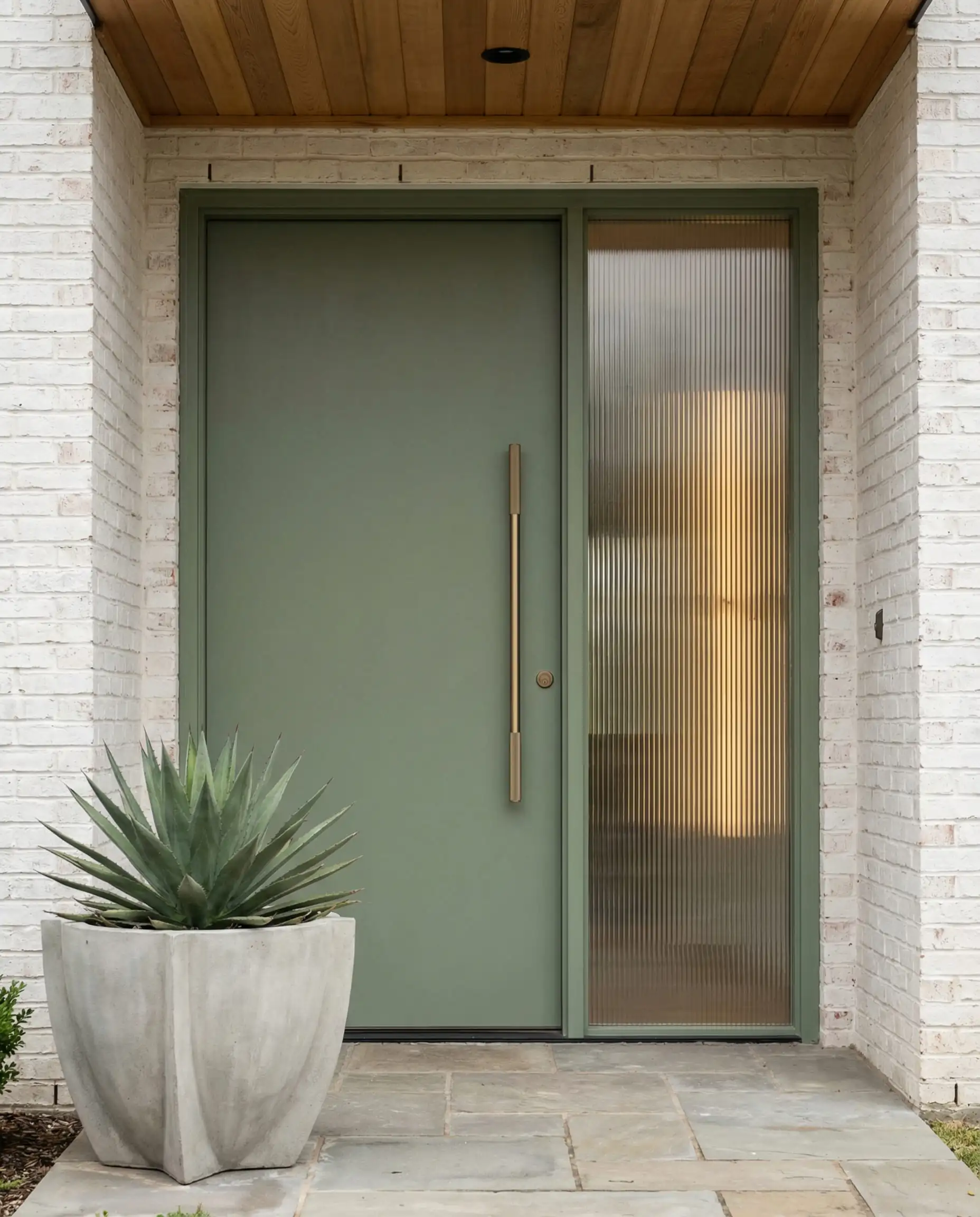 Matte sage green composite front door with a vertical reeded glass side panel and champagne bronze handle.