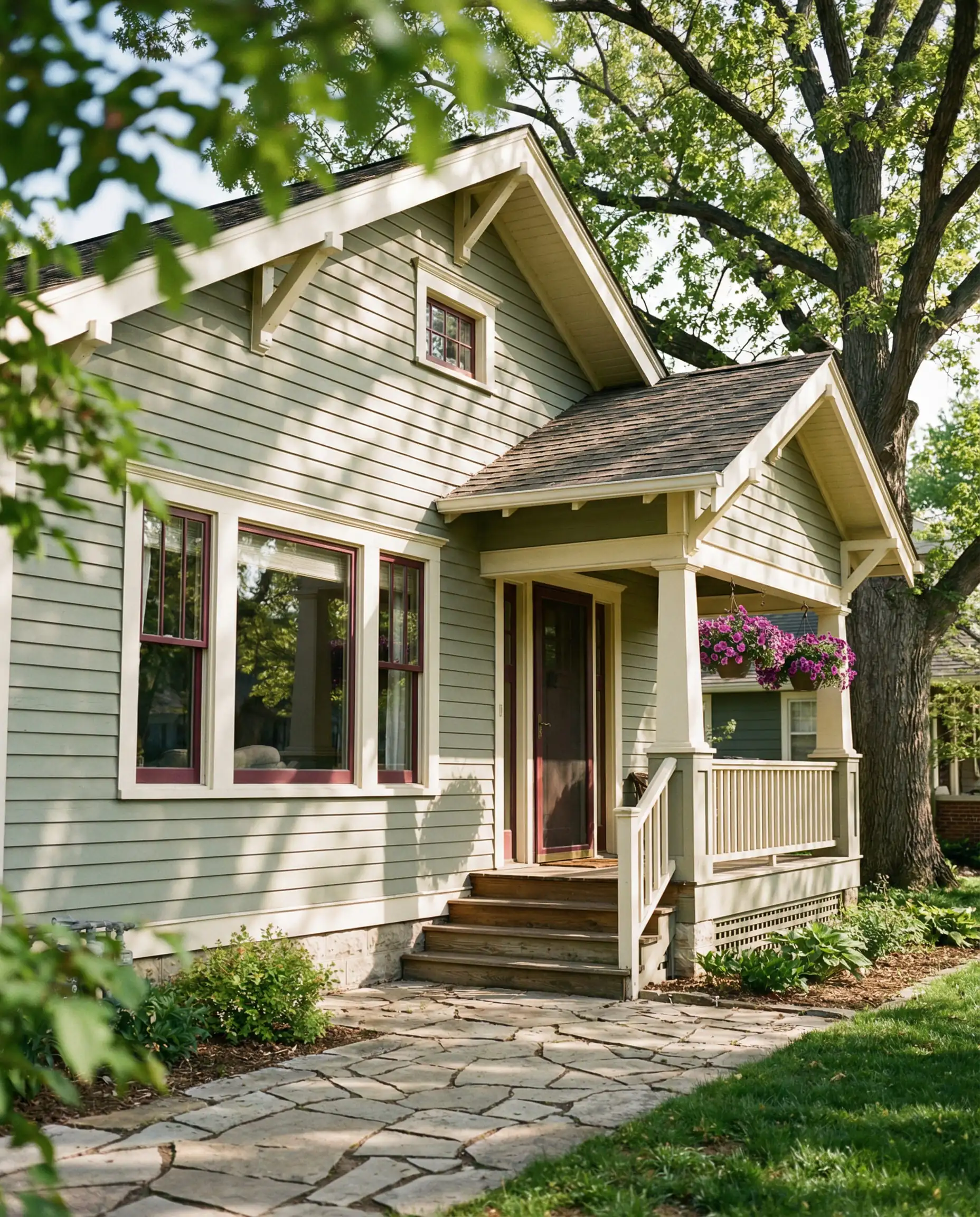 A historic Craftsman bungalow painted in muted Sage Green (October Mist) with white trim, dappled in sunlight.