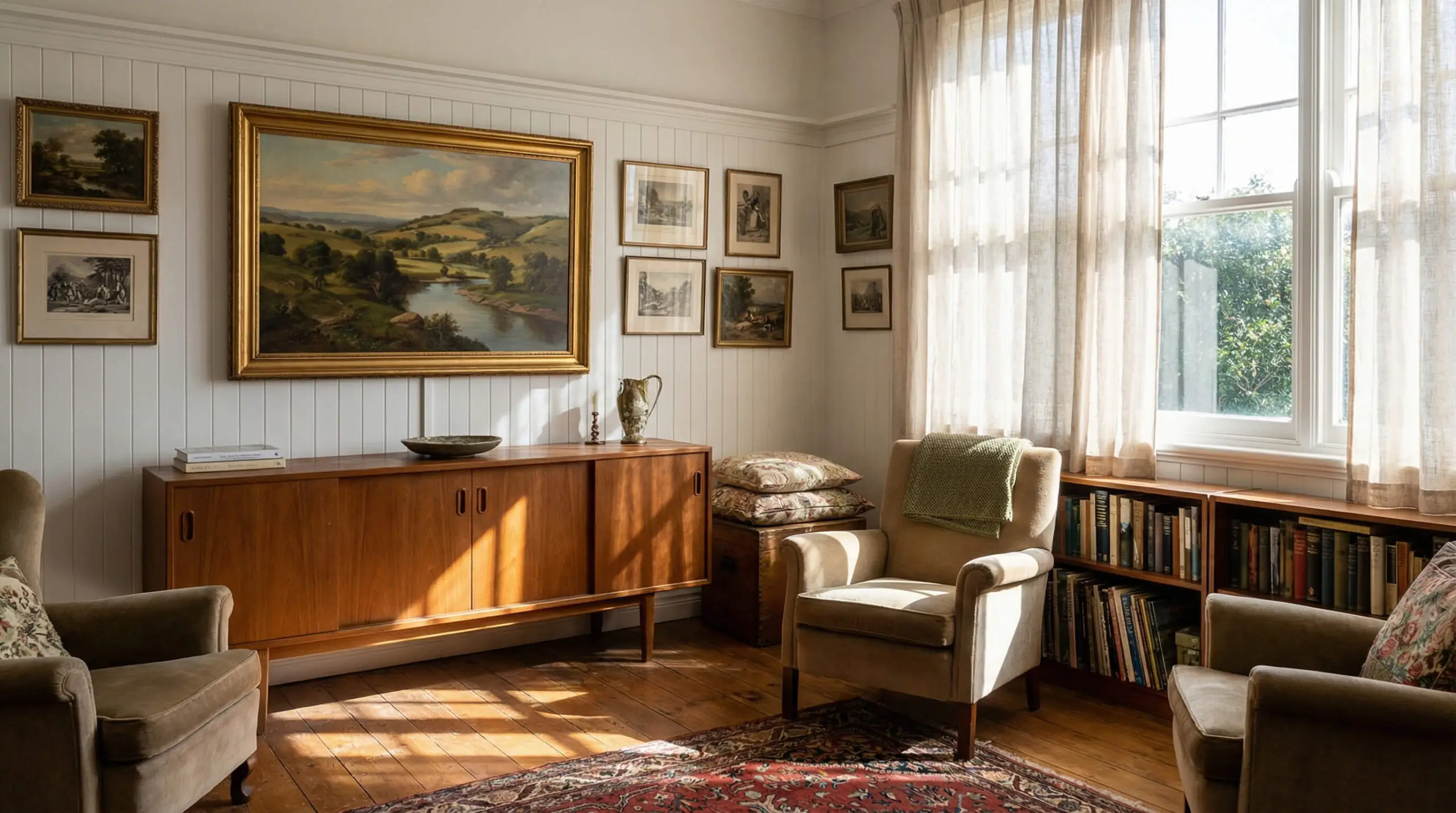 A "Frame" style TV displaying vintage landscape art, mounted flush among a gallery wall of real paintings.