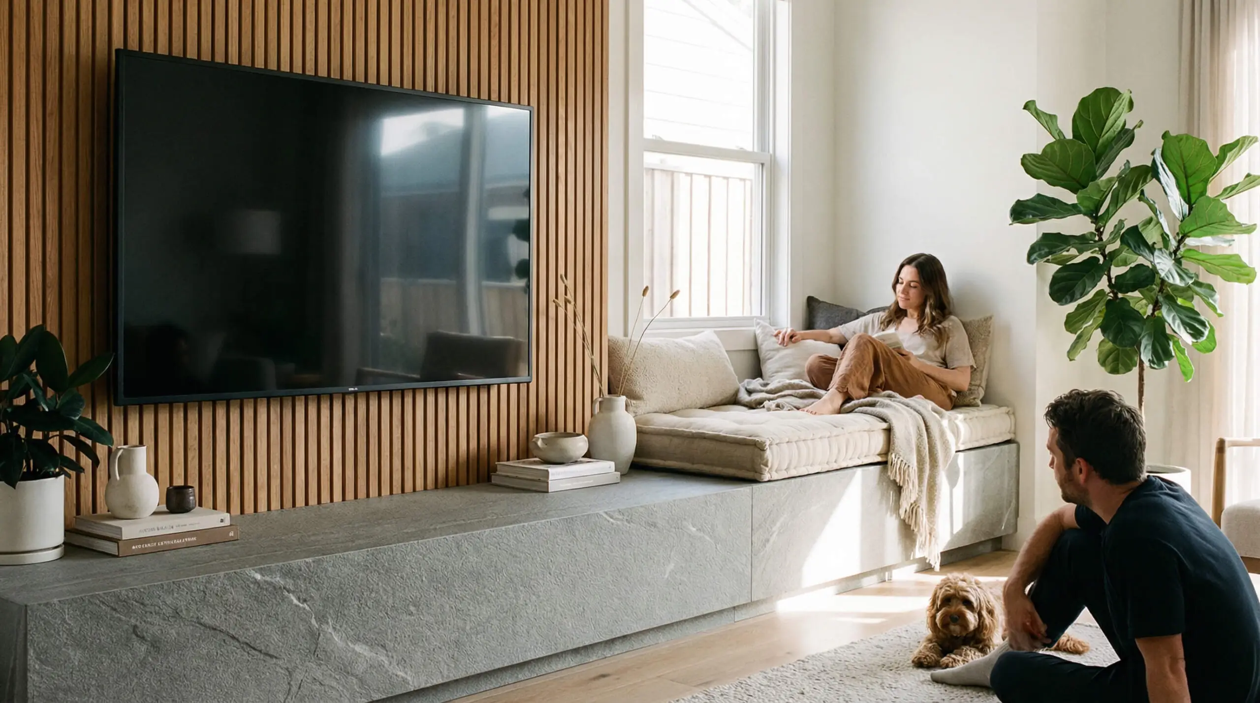 Architectural grey sandstone bench serving as a hybrid TV stand and seating area with a linen cushion.