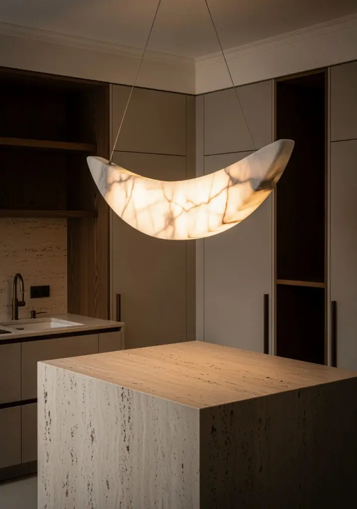 Dans une cuisine luxueuse, un grand luminaire suspendu en albâtre incurvé surplombe un îlot central en travertin poli.