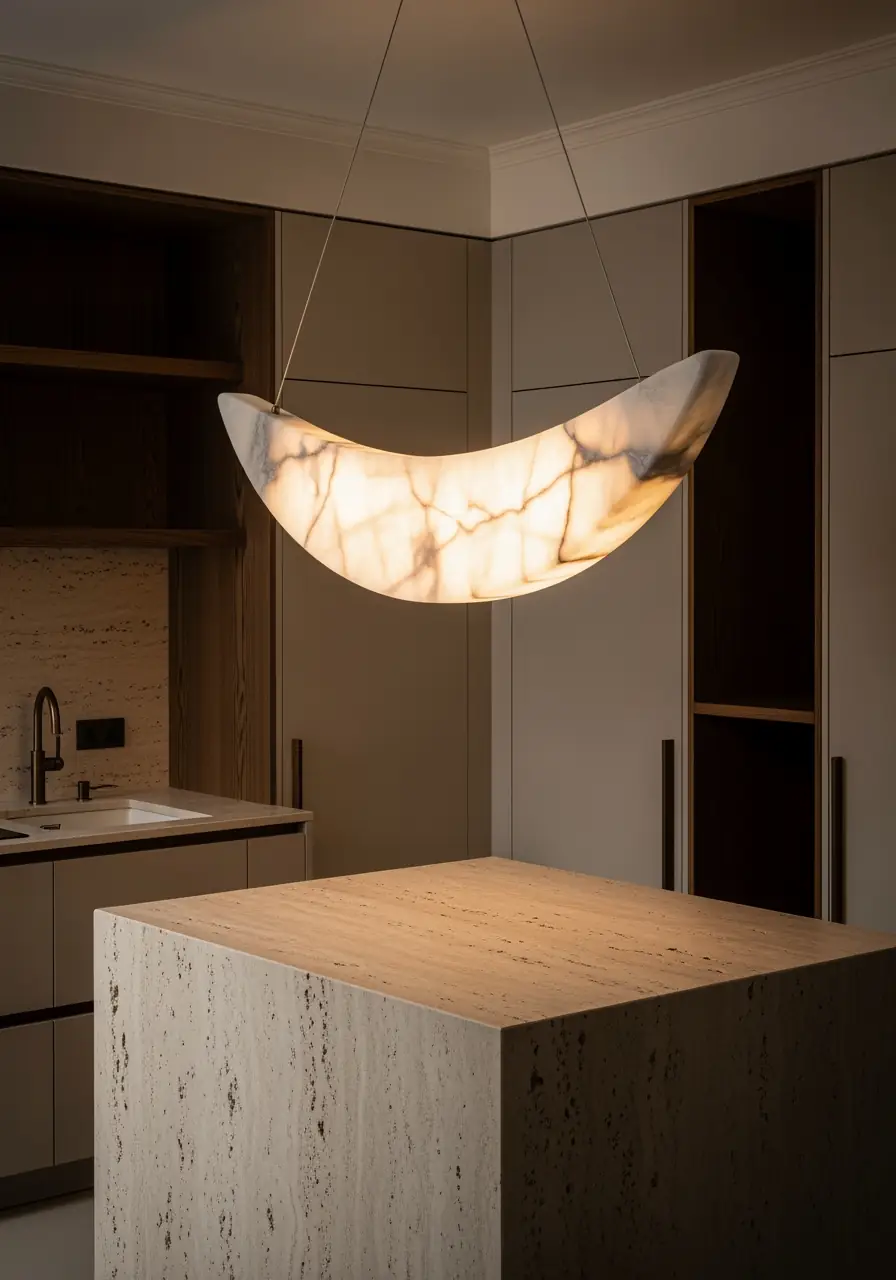 A large, curved alabaster pendant light hangs above a honed travertine kitchen island in a luxurious kitchen.