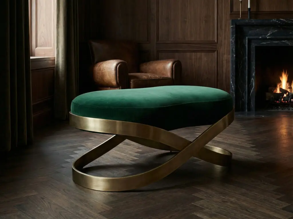 Pouf luxueux en velours vert émeraude avec une assise organique incurvée, soutenu par un piètement architectural en laiton brossé, dans un bureau sombre et feutré aux boiseries sombres.